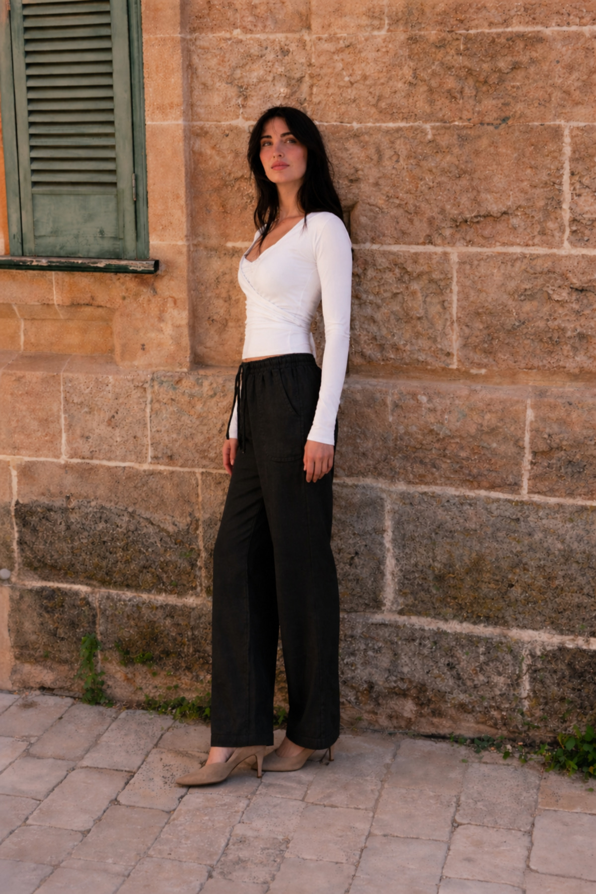 Kadın Beli Lastikli Jogger Siyah Keten Pantolon 4