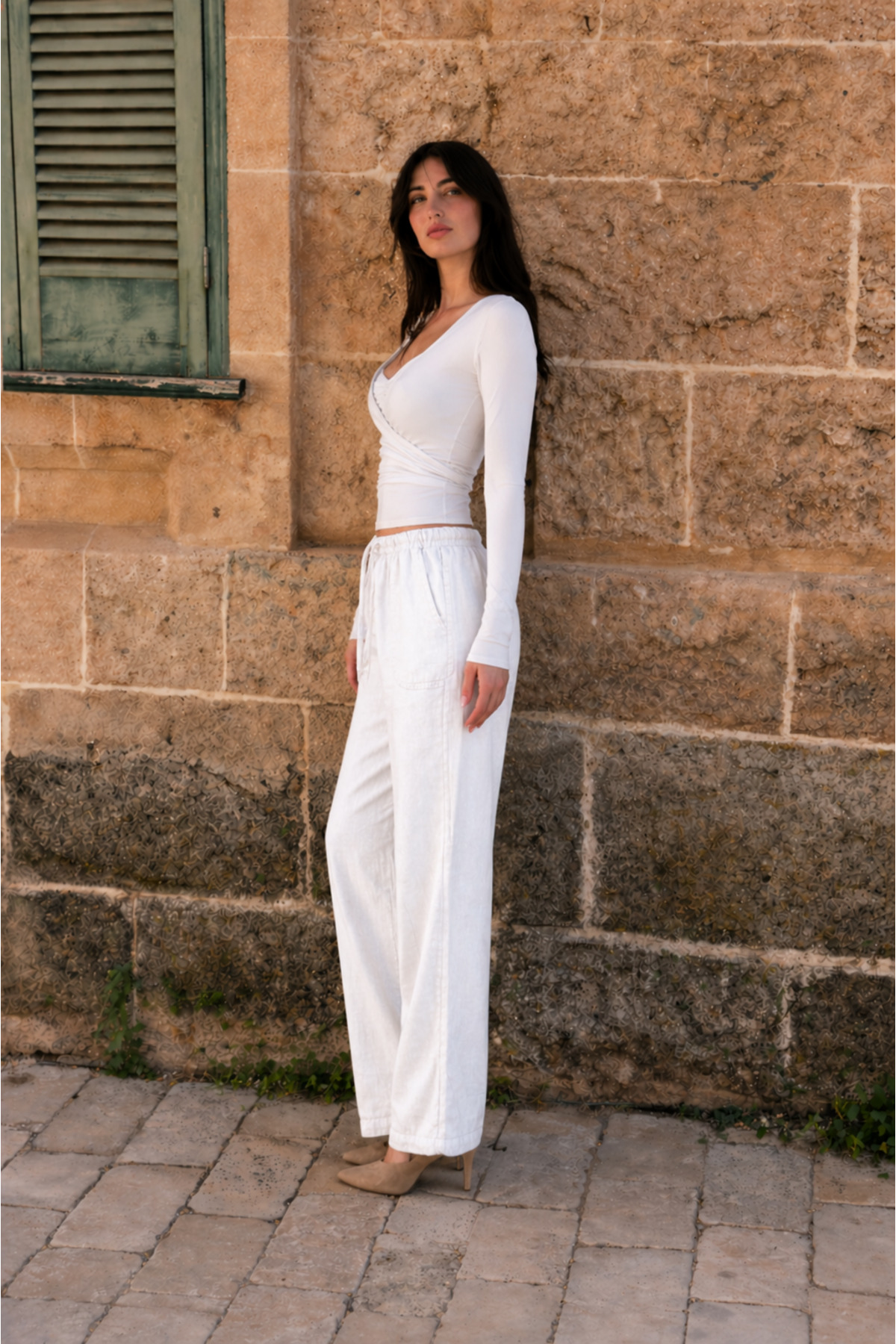 Kadın Beli Lastikli Jogger Beyaz Keten Pantolon 4