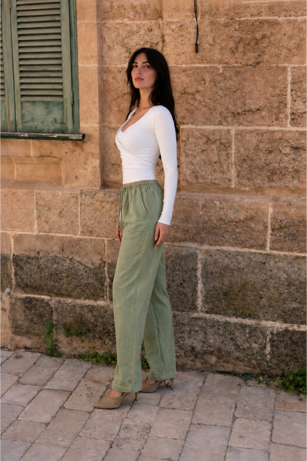Kadın Beli Lastikli Jogger Yeşil Keten Pantolon 4
