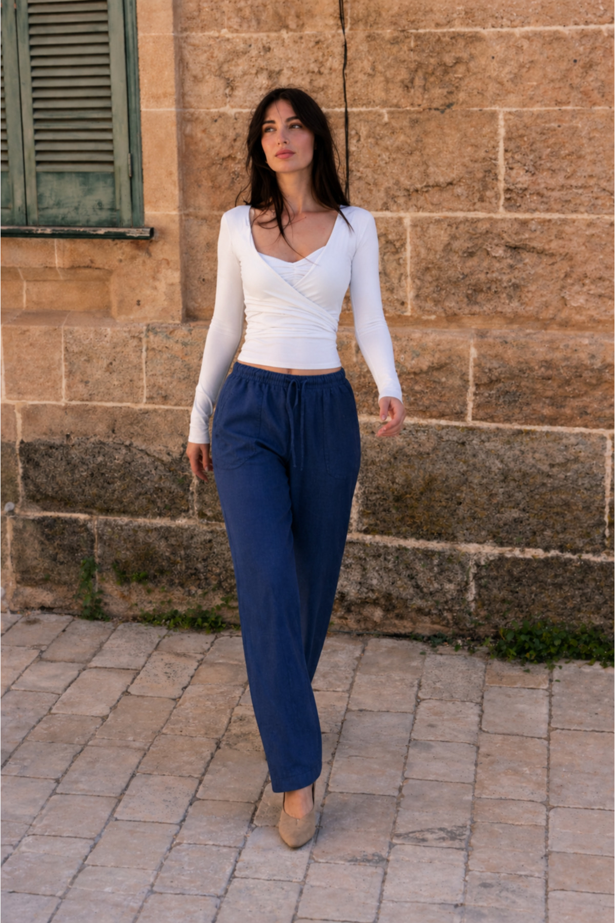 Kadın Beli Lastikli Jogger Lacivert Keten Pantolon 3