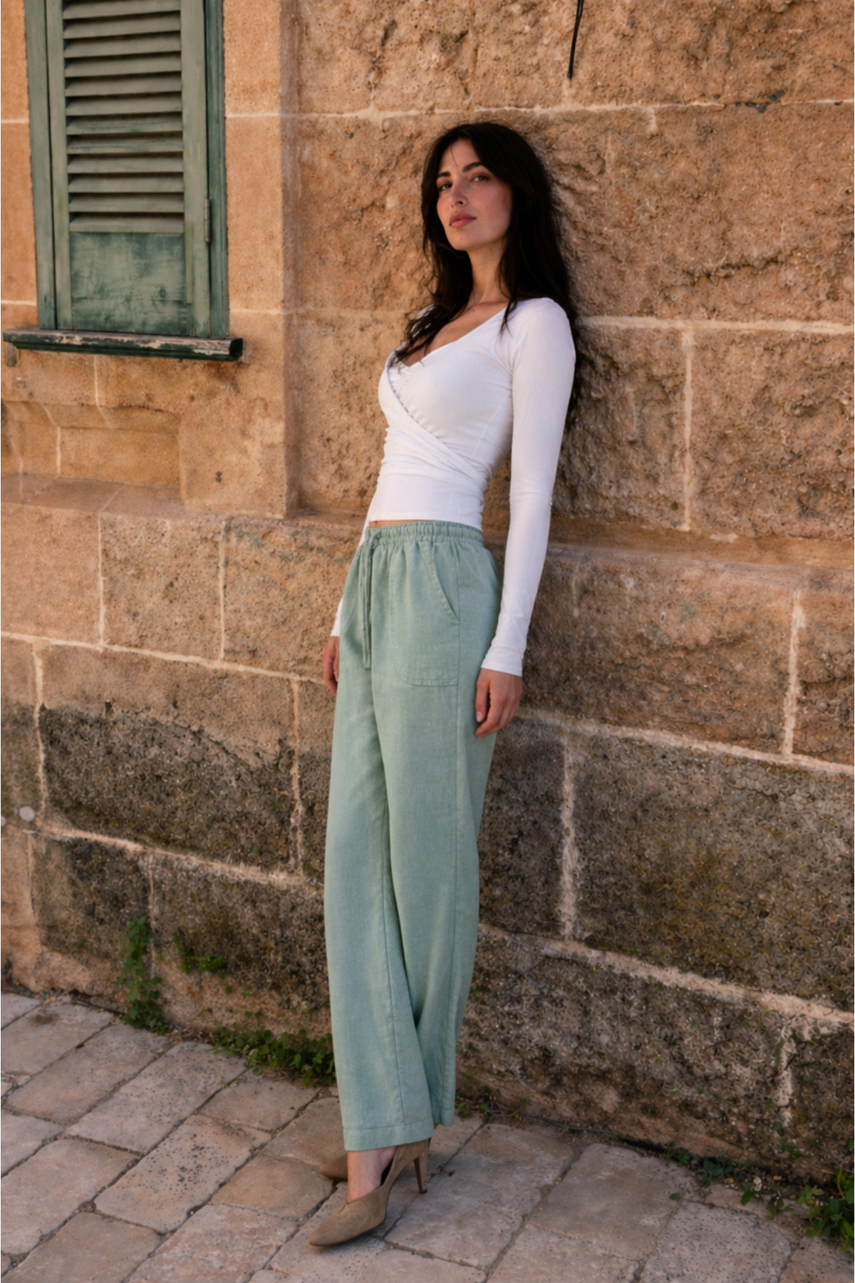 Kadın Beli Lastikli Jogger Su Keten Pantolon 4