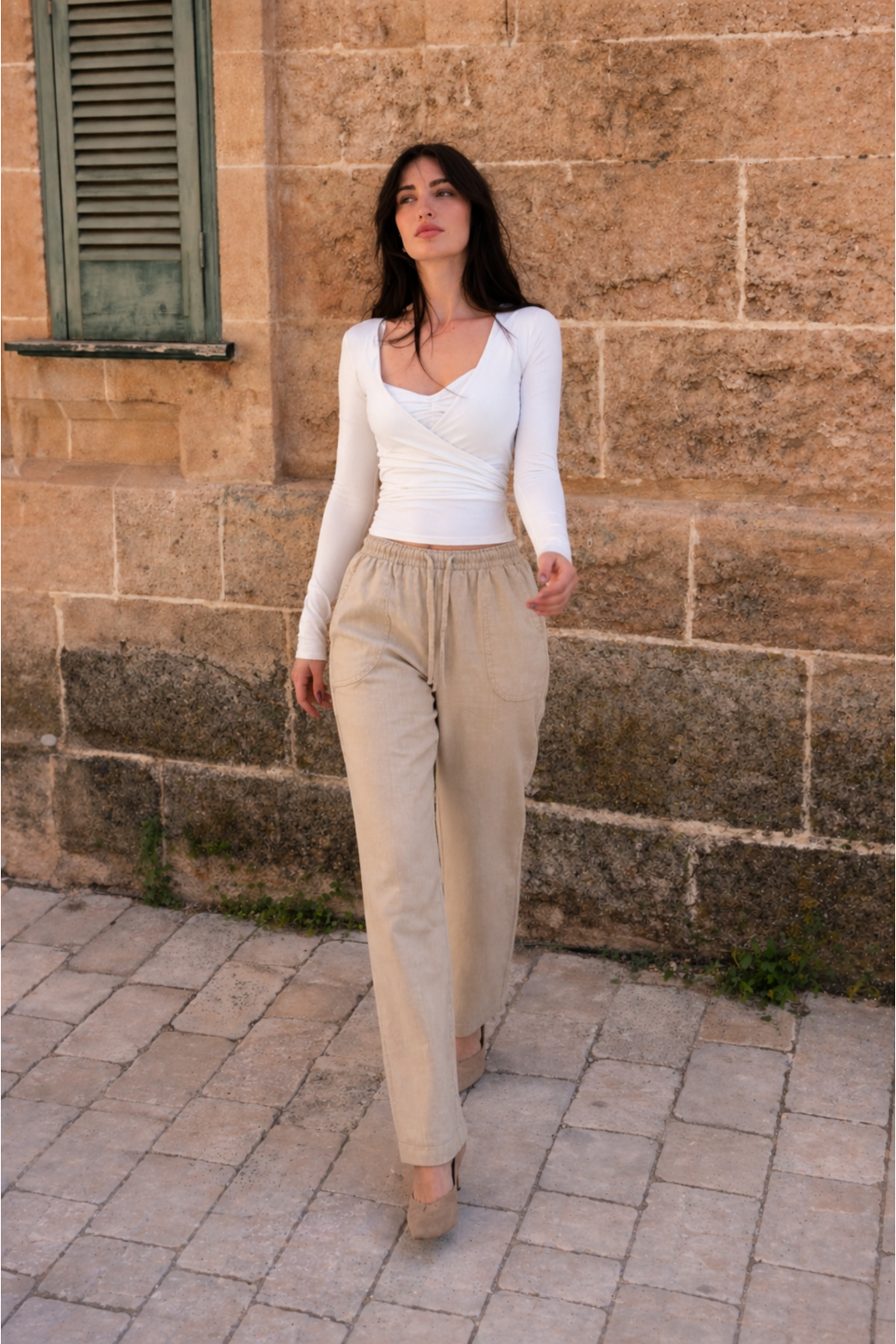 Kadın Beli Lastikli Jogger Bej Keten Pantolon 3