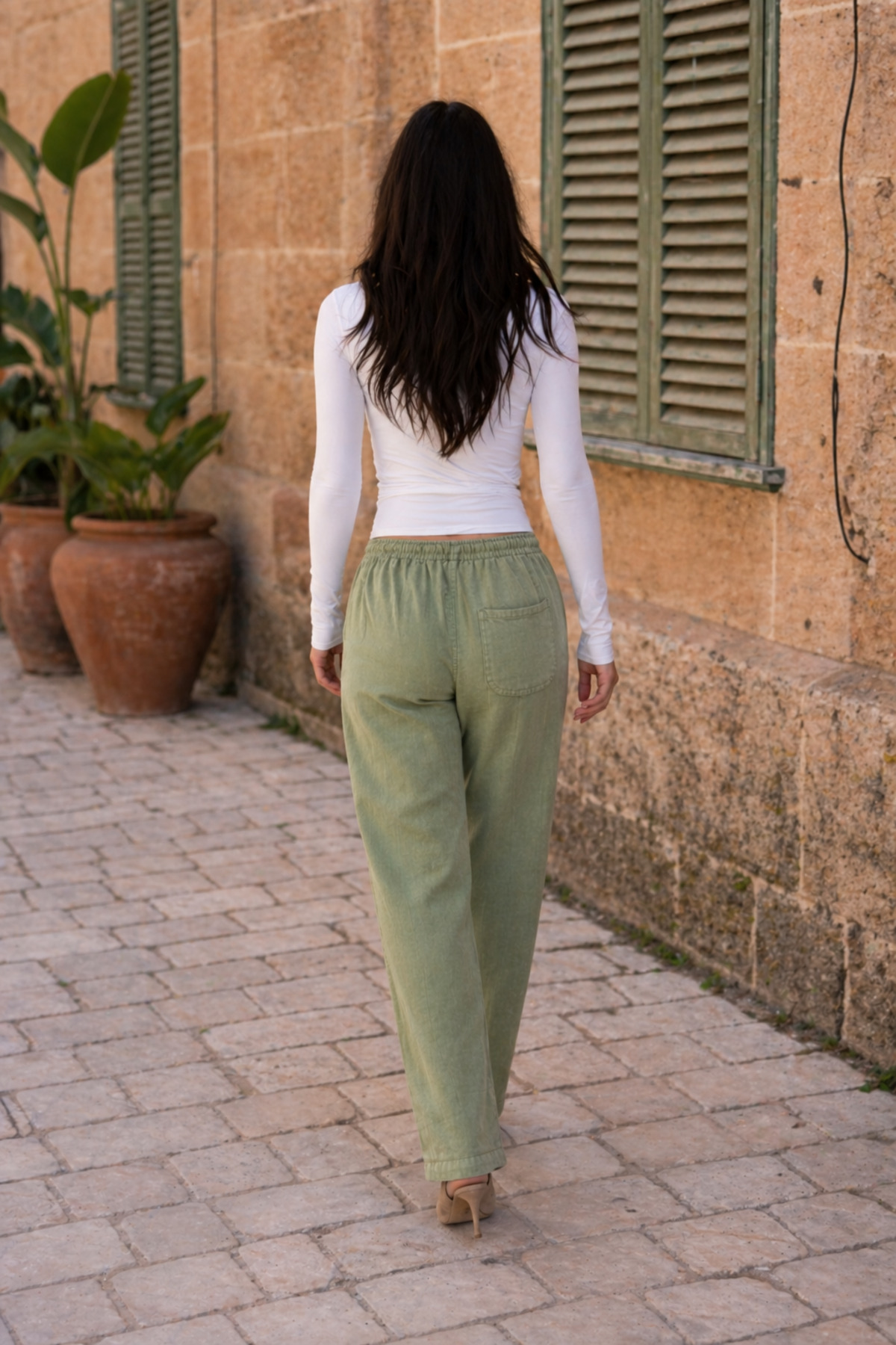 Kadın Beli Lastikli Jogger Yeşil Keten Pantolon 6