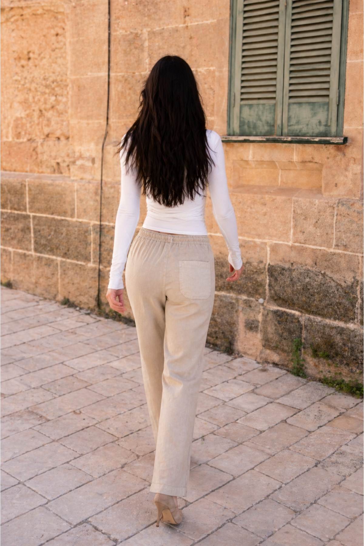 Kadın Beli Lastikli Jogger Bej Keten Pantolon 6