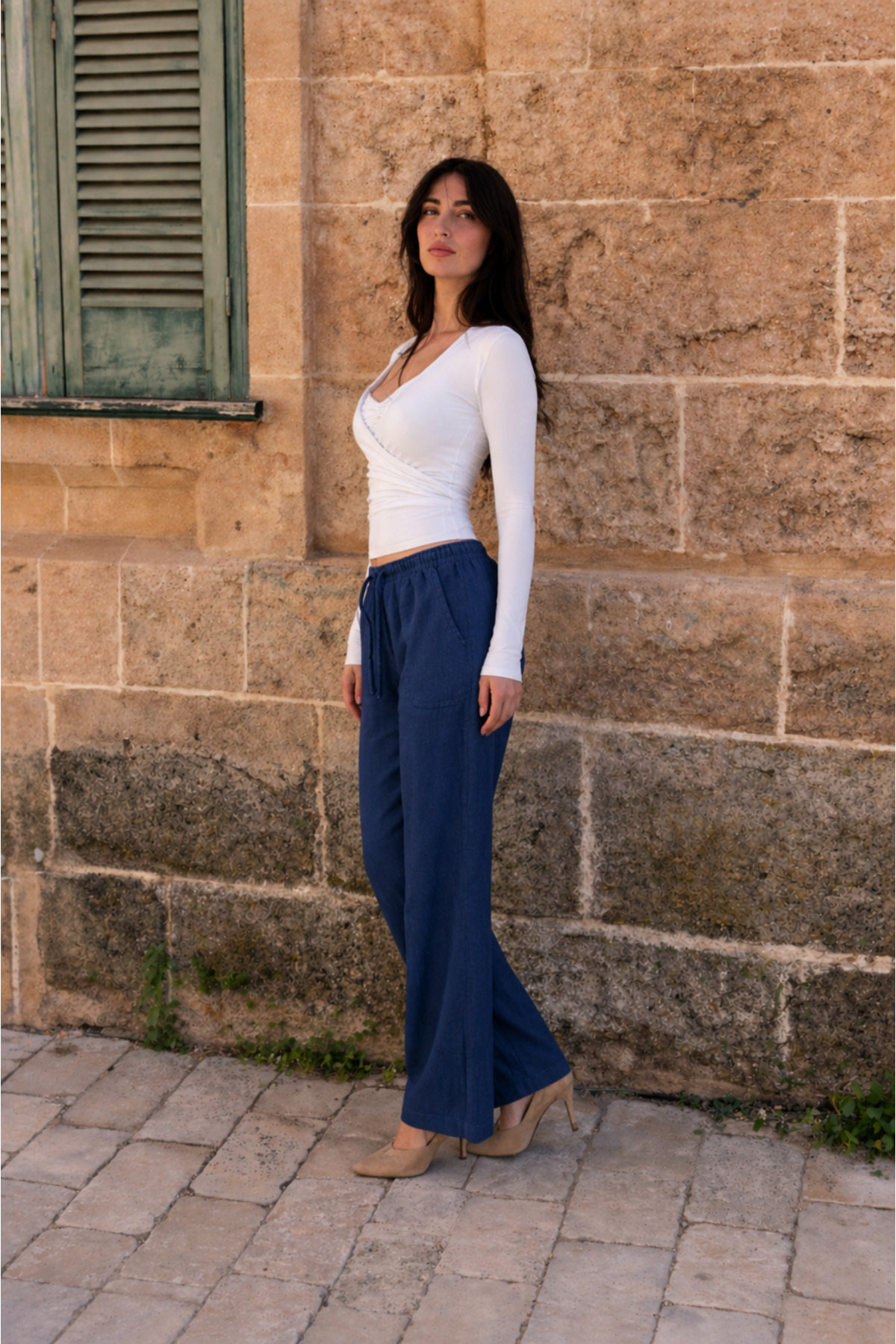 Kadın Beli Lastikli Jogger Lacivert Keten Pantolon 4