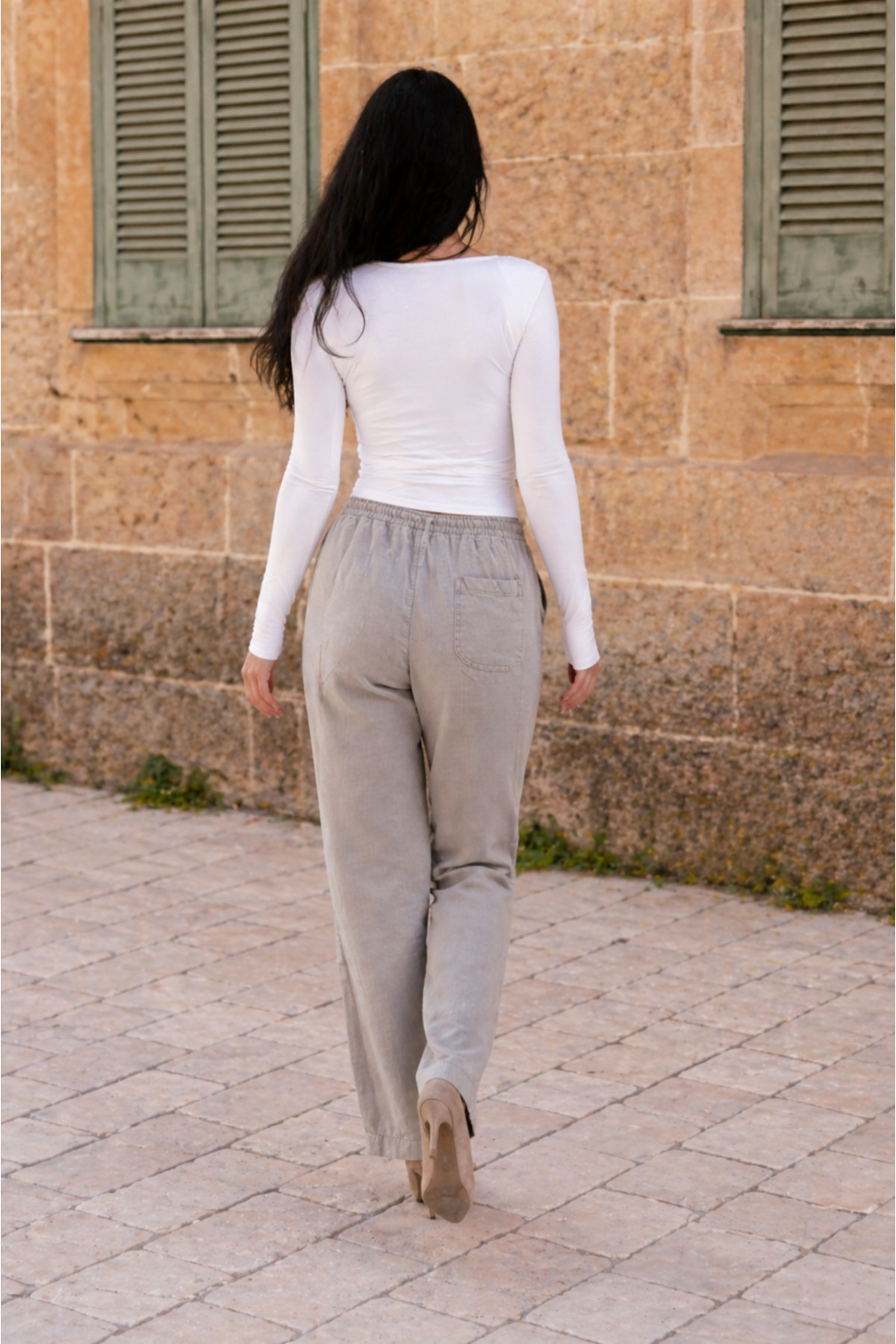 Kadın Beli Lastikli Jogger Gri Keten Pantolon 6