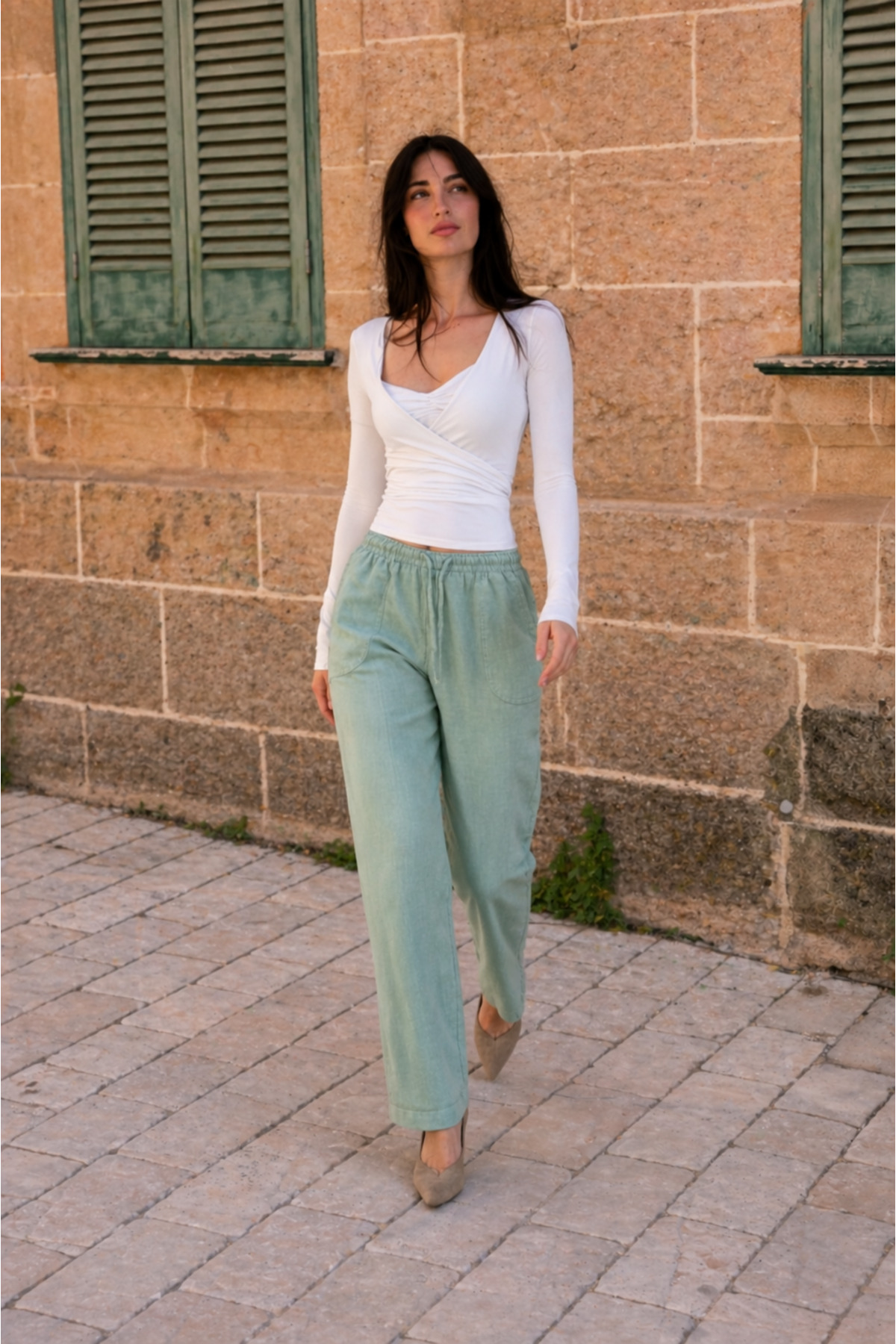 Kadın Beli Lastikli Jogger Su Keten Pantolon 3