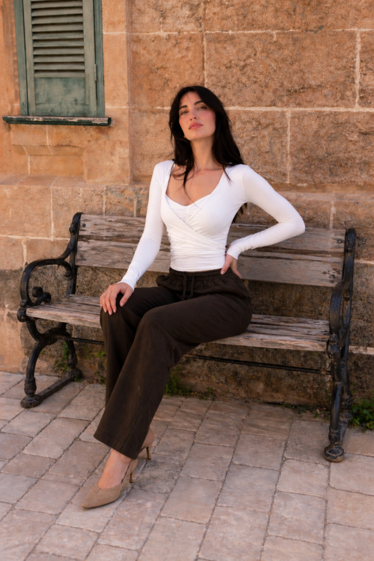 Kadın Beli Lastikli Jogger Kahve Keten Pantolon 5