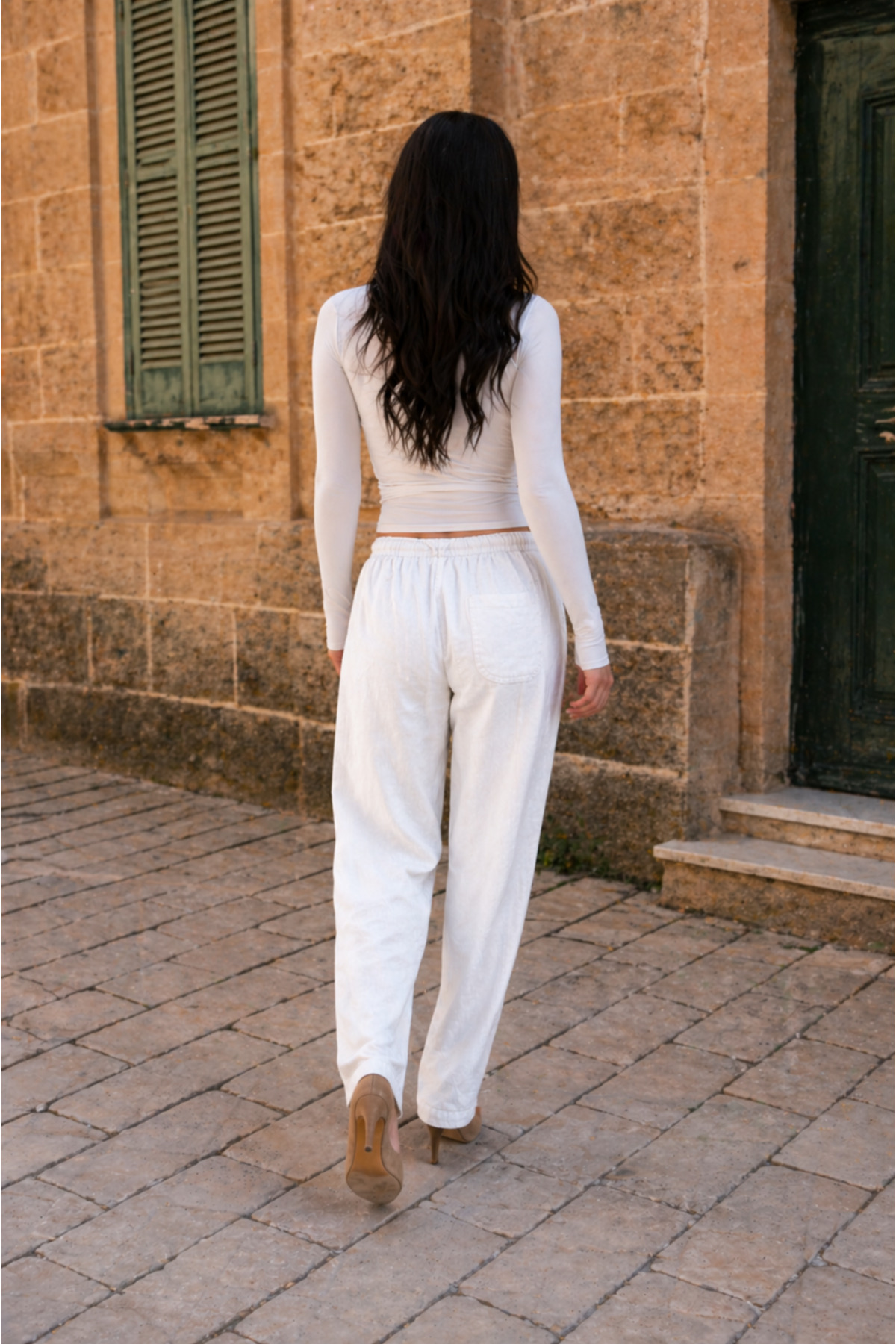 Kadın Beli Lastikli Jogger Beyaz Keten Pantolon 6