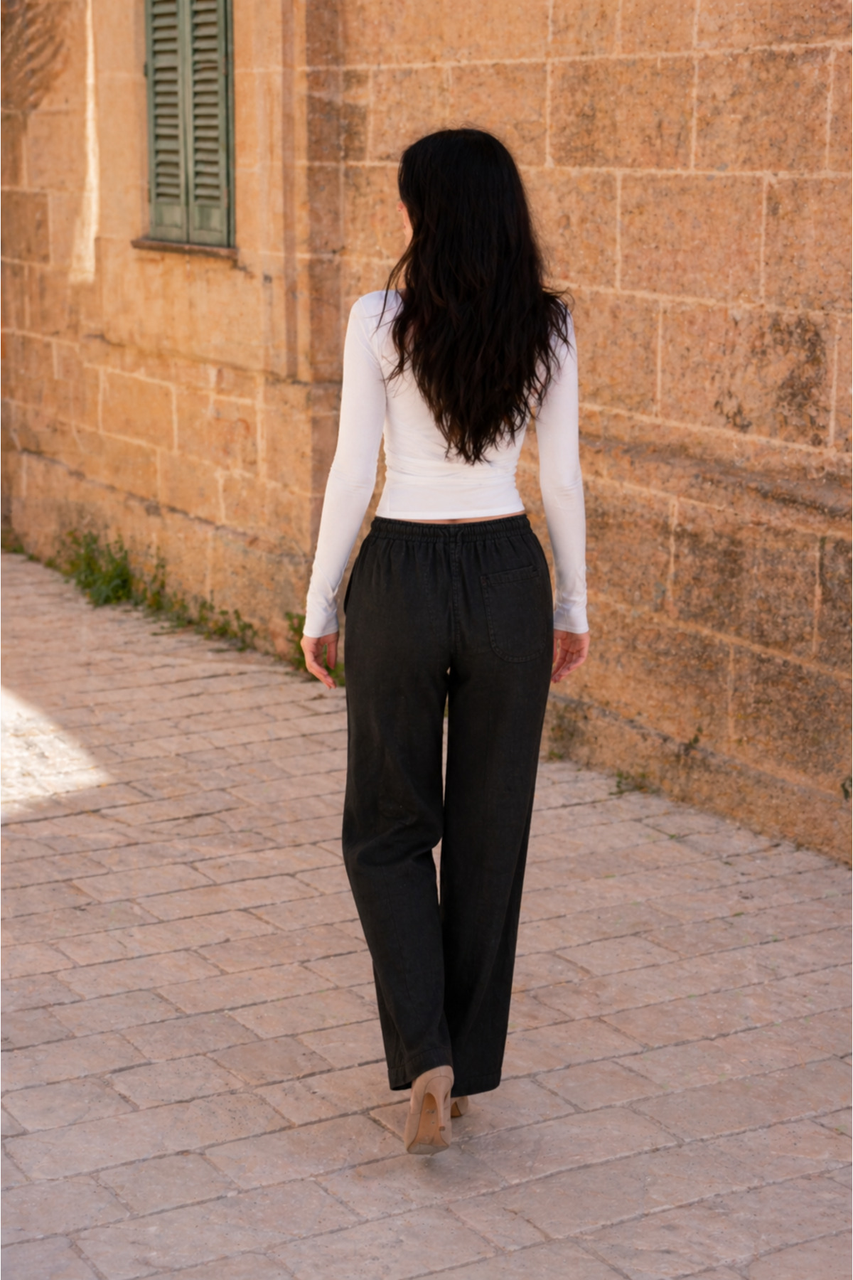 Kadın Beli Lastikli Jogger Siyah Keten Pantolon 6
