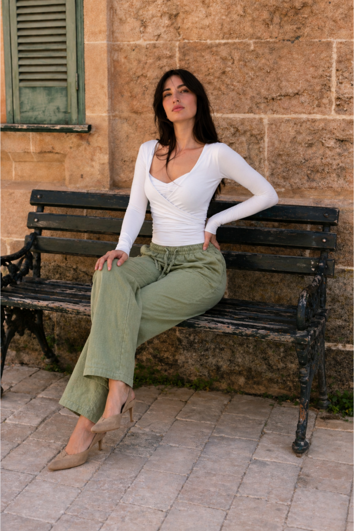 Kadın Beli Lastikli Jogger Yeşil Keten Pantolon 5