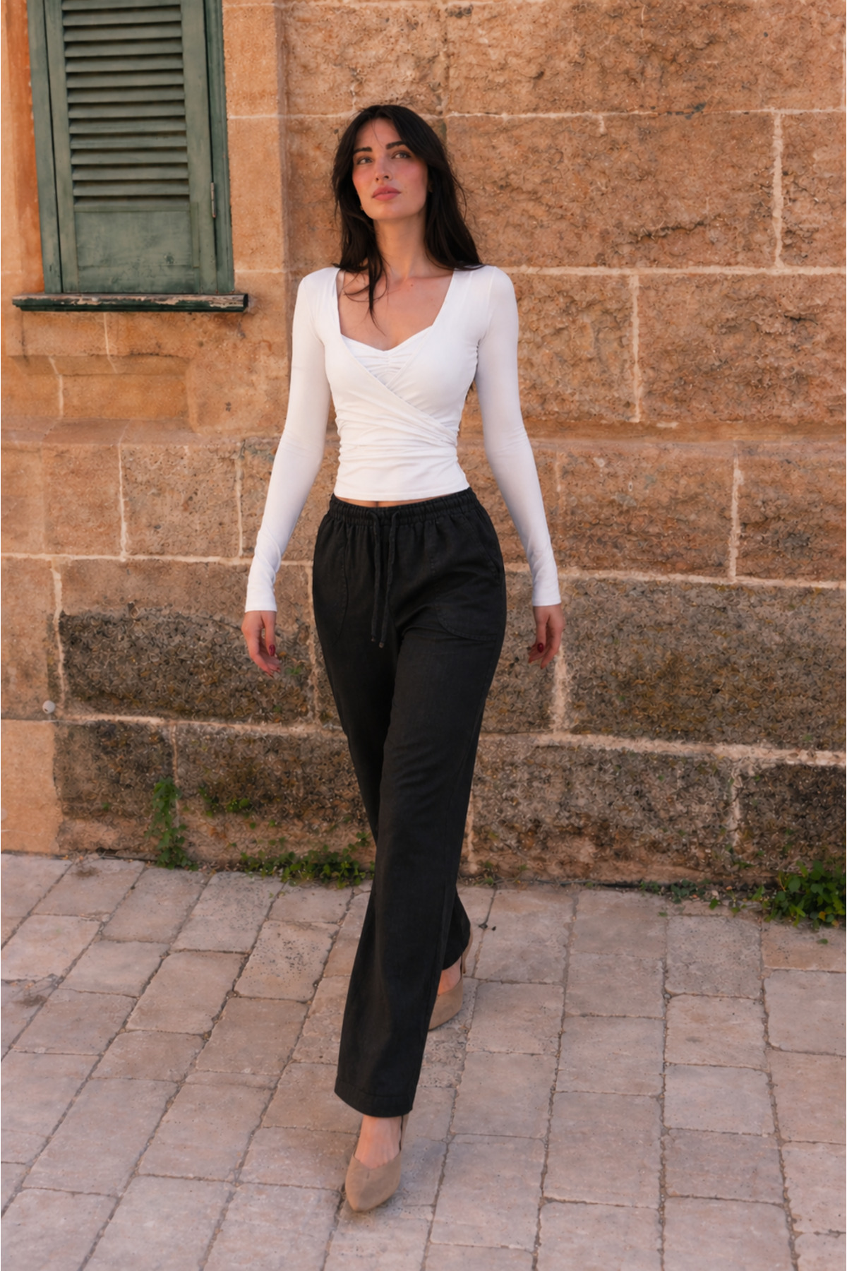 Kadın Beli Lastikli Jogger Siyah Keten Pantolon 3