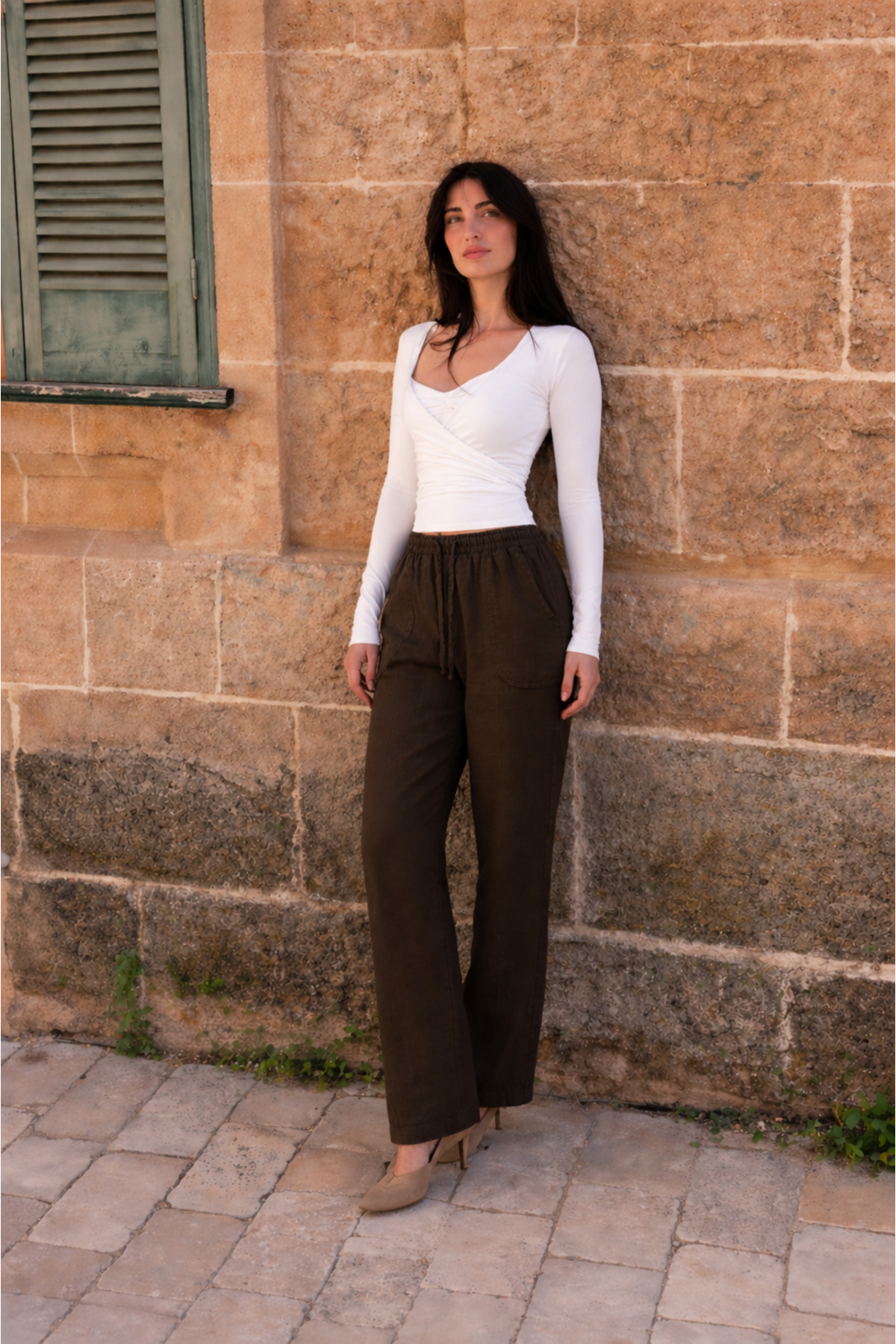 Kadın Beli Lastikli Jogger Kahve Keten Pantolon 4