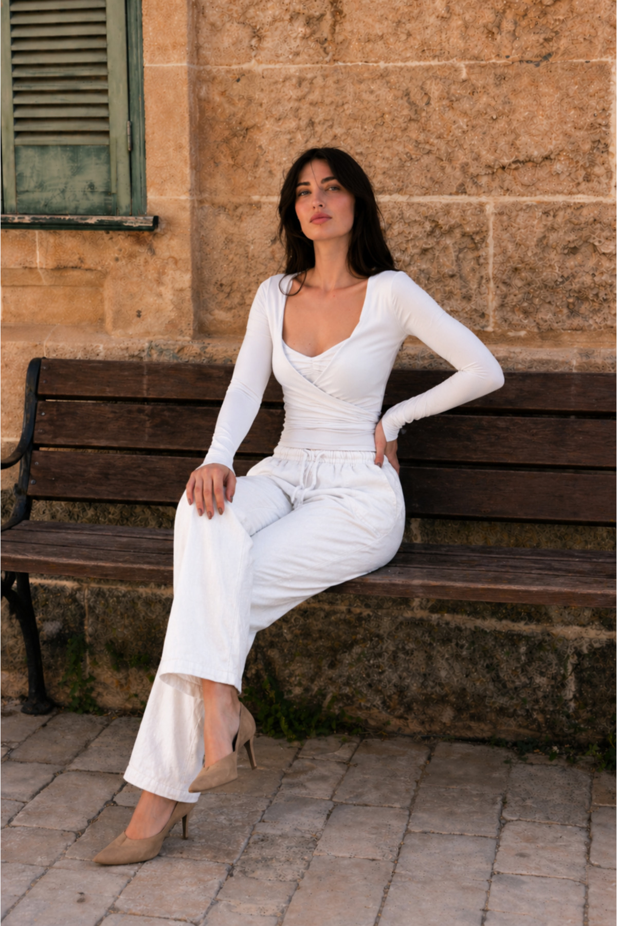 Kadın Beli Lastikli Jogger Beyaz Keten Pantolon 5