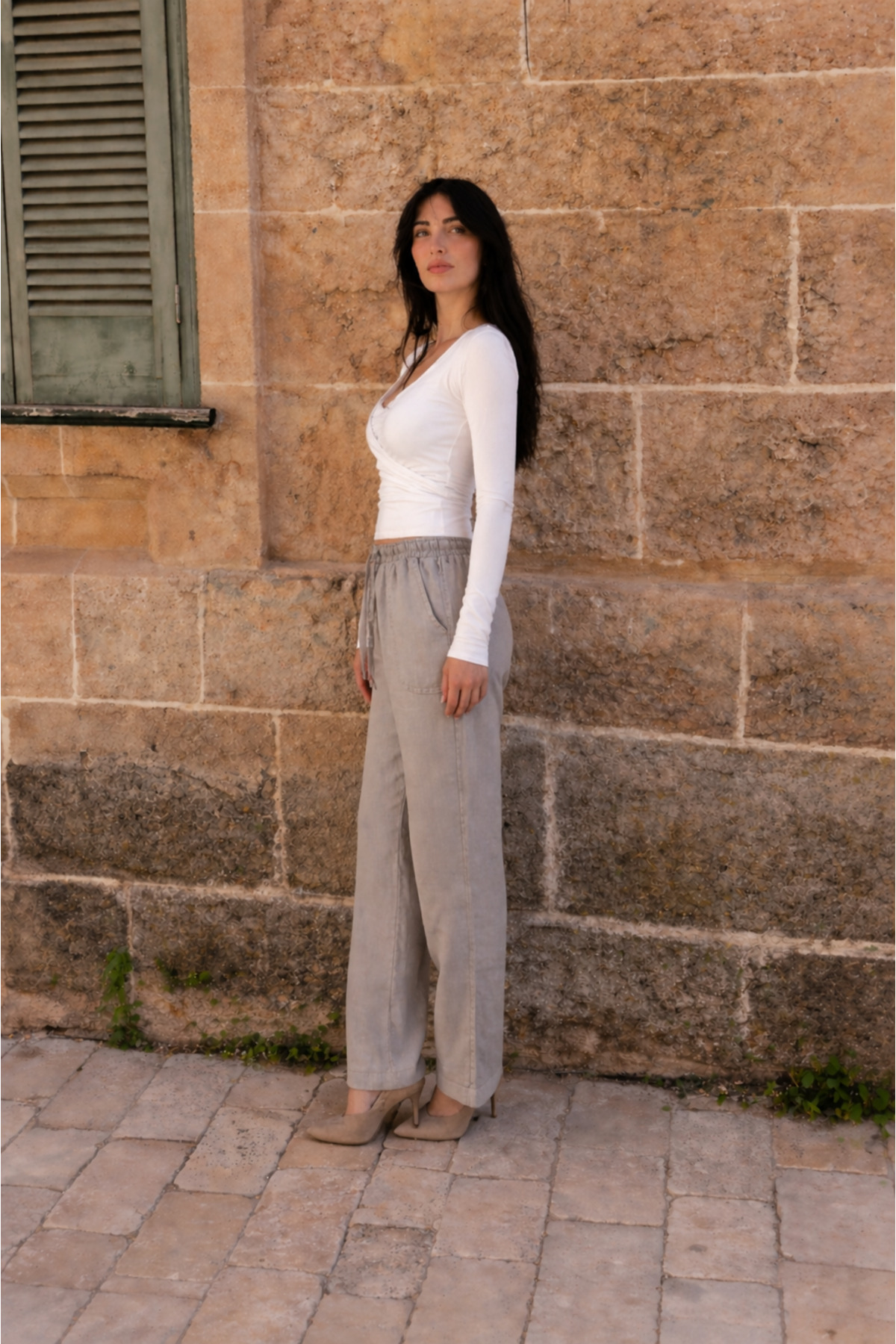 Kadın Beli Lastikli Jogger Gri Keten Pantolon 4
