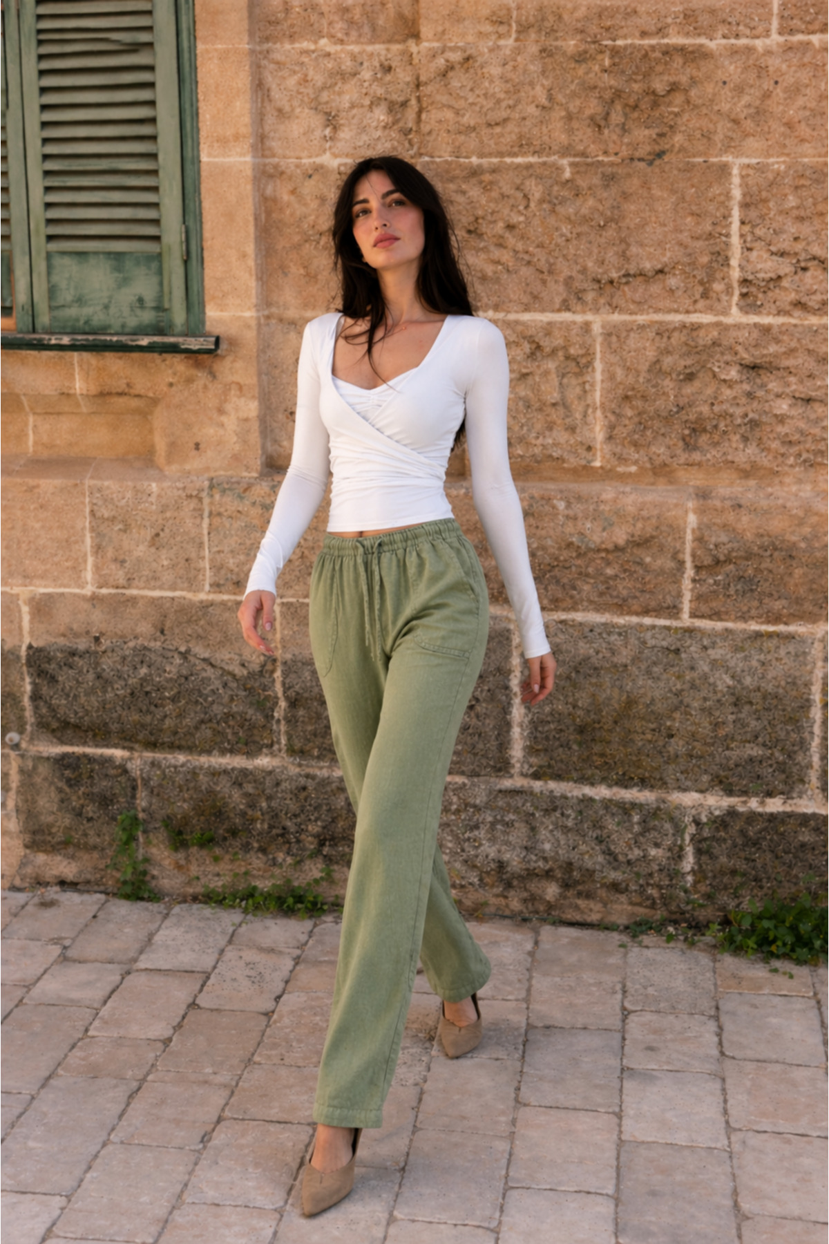 Kadın Beli Lastikli Jogger Yeşil Keten Pantolon 3