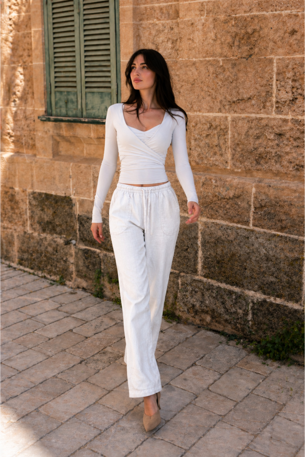 Kadın Beli Lastikli Jogger Beyaz Keten Pantolon 3