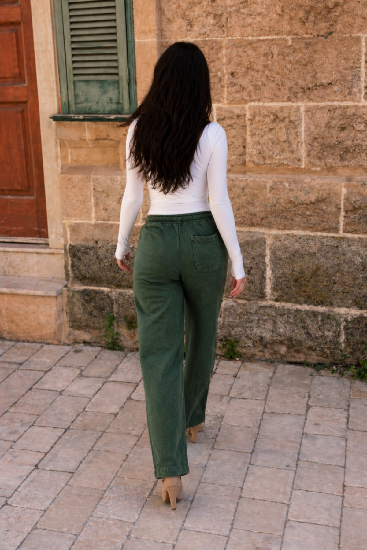 Kadın Beli Lastikli Jogger Haki Keten Pantolon 6