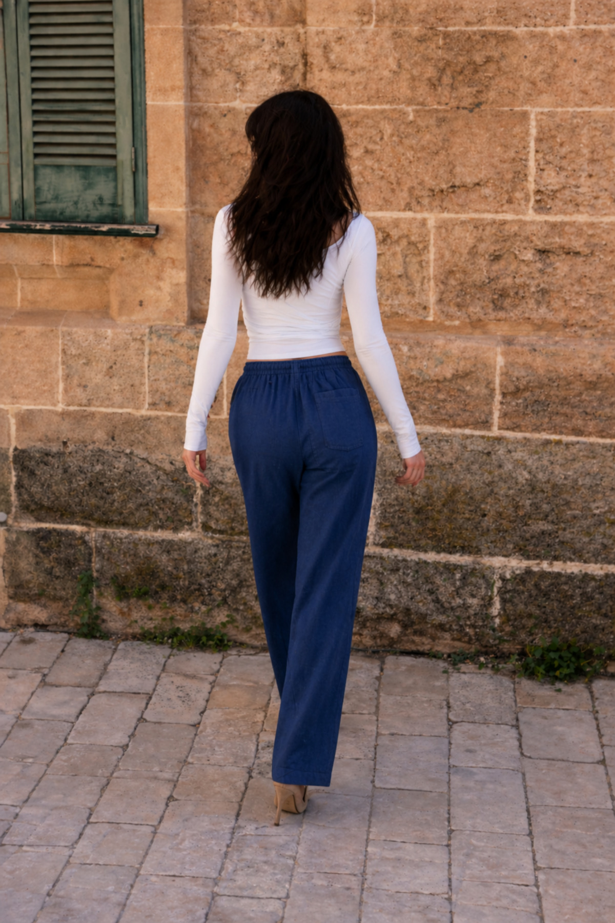 Kadın Beli Lastikli Jogger Lacivert Keten Pantolon 6
