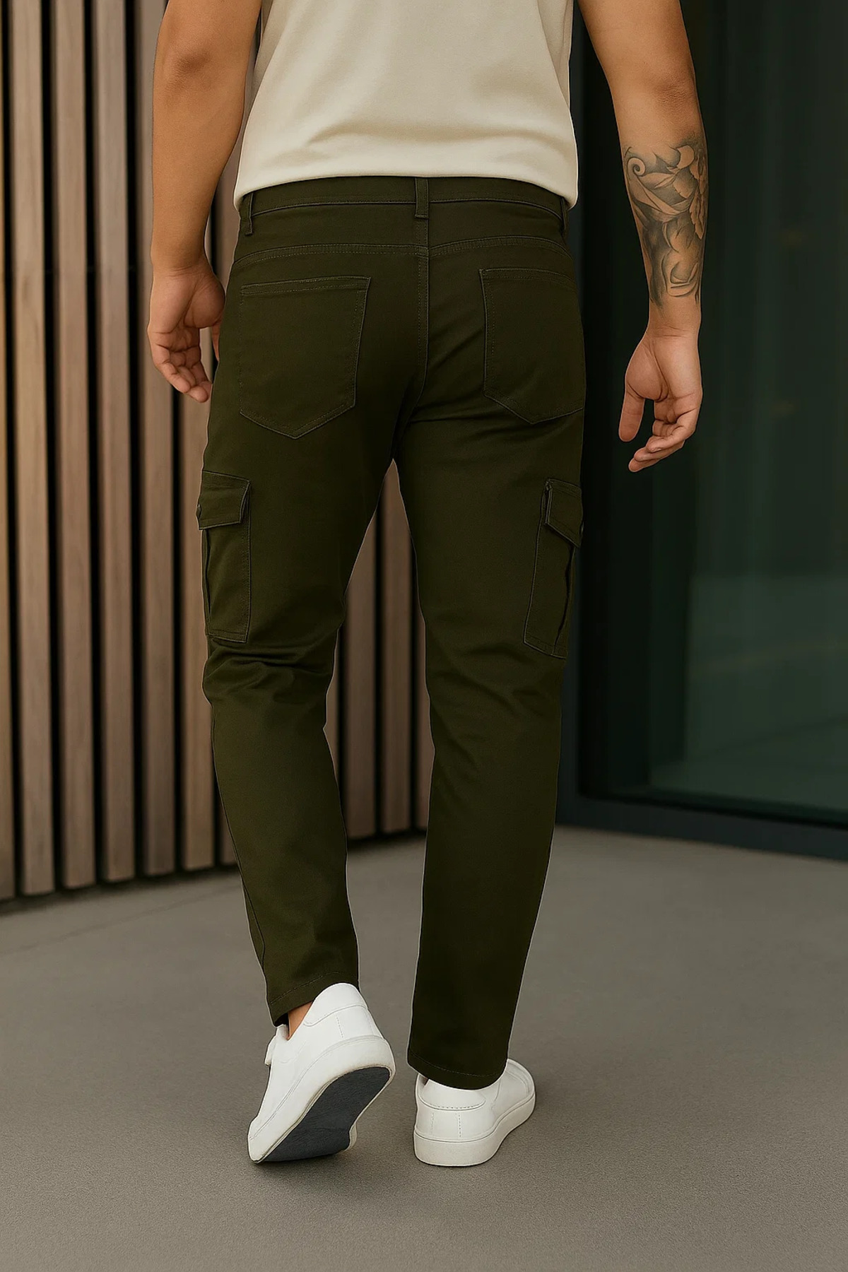 Erkek Bol Paça Trend Haki Gabardin Kargo Pantolon 5