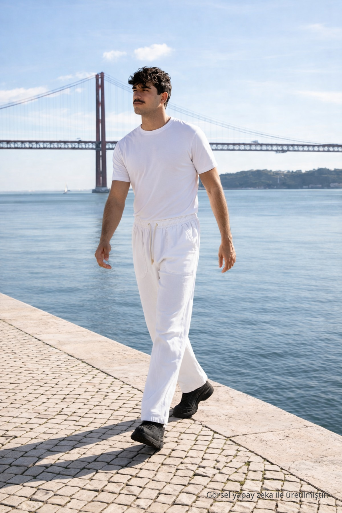 Erkek Beli Lastikli Jogger Beyaz Keten Pantolon 3