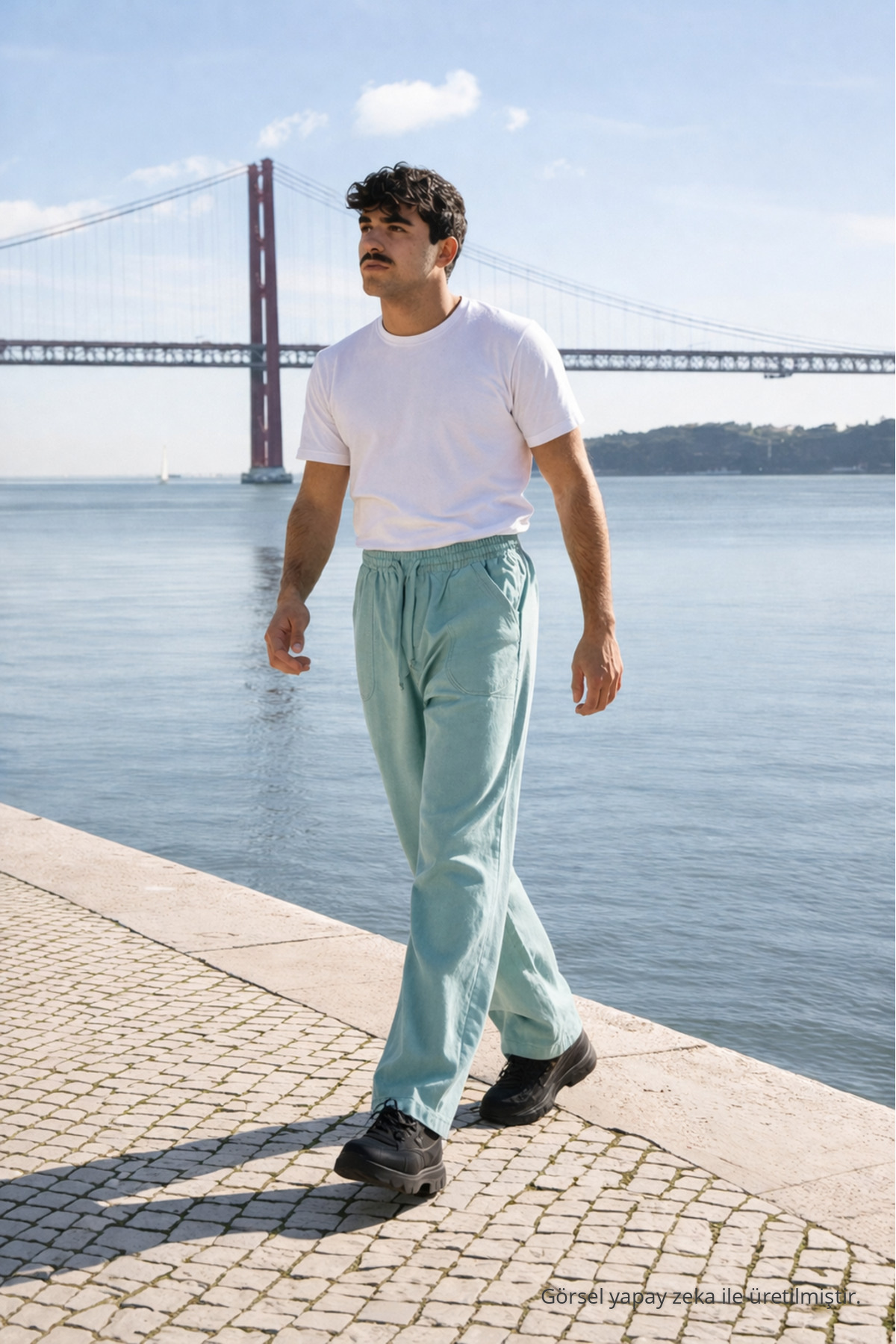 Erkek Beli Lastikli Jogger S.Yeşil Keten Pantolon Su 3