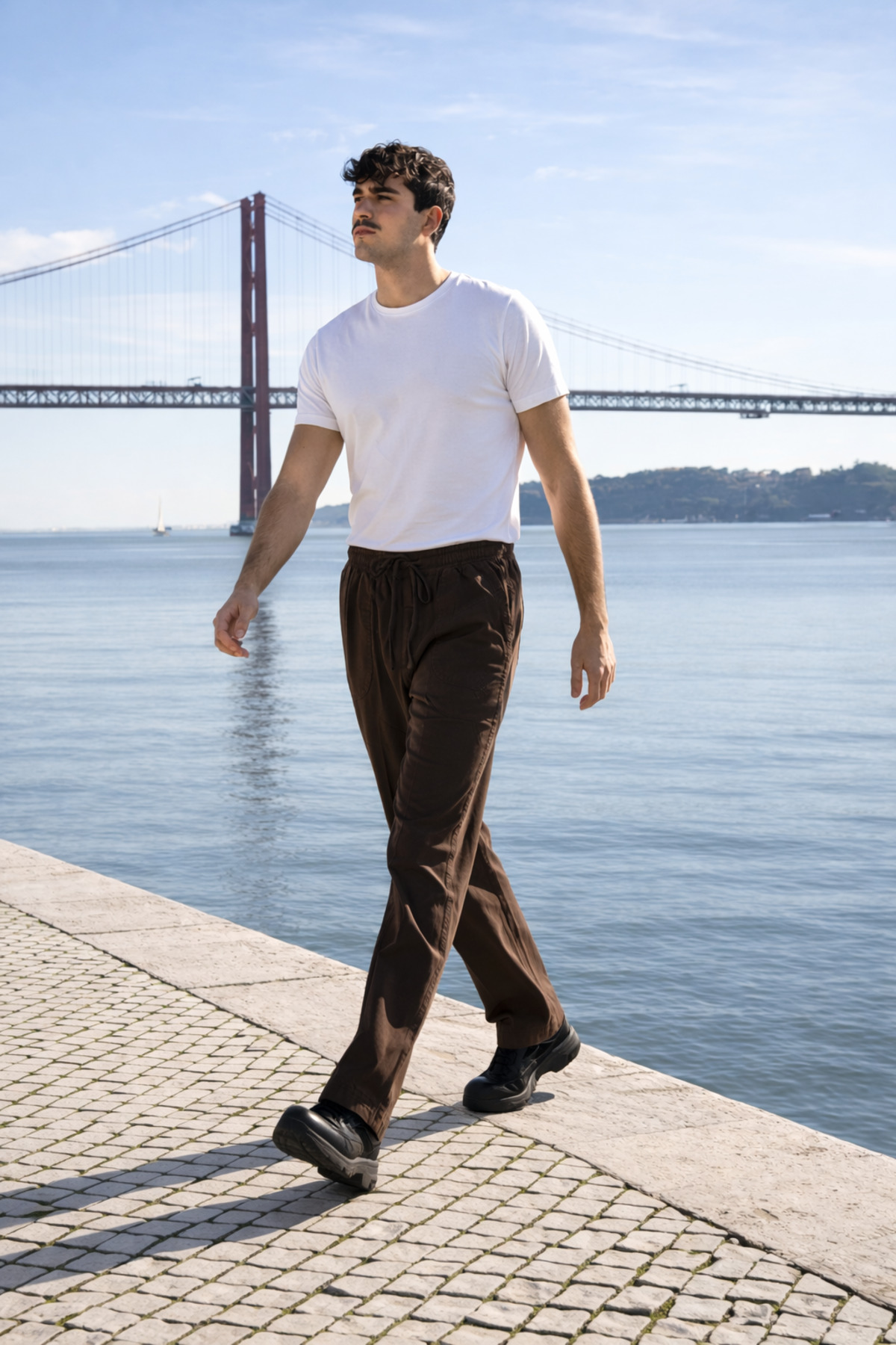 Erkek Beli Lastikli Jogger Kahverengi Keten Pantolon 4