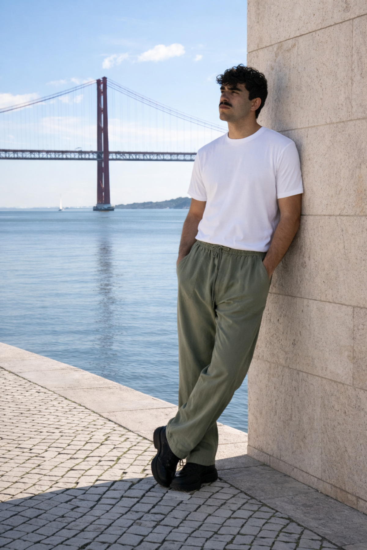 Erkek Beli Lastikli Jogger Yeşil Keten Pantolon 5