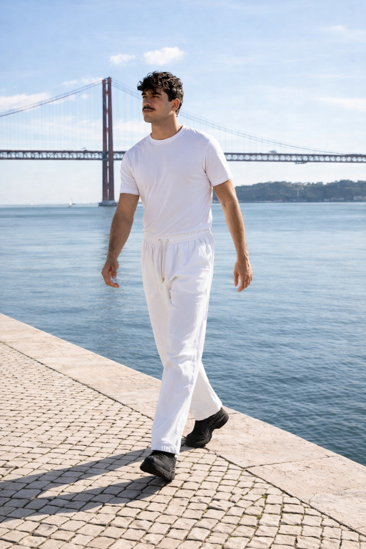 Erkek Beli Lastikli Jogger Beyaz Keten Pantolon 3