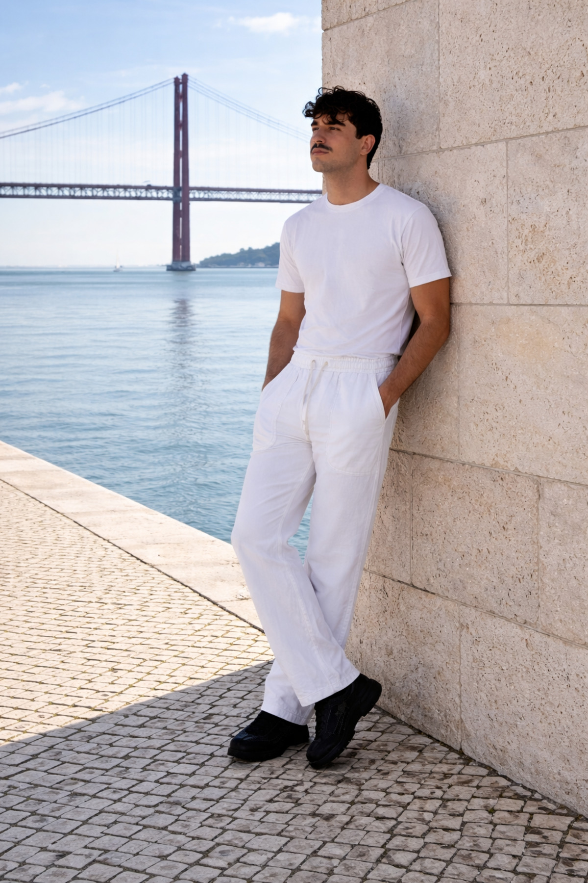 Erkek Beli Lastikli Jogger Beyaz Keten Pantolon 4