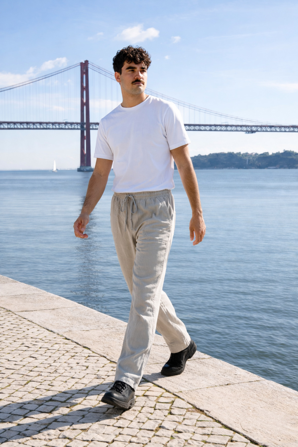 Erkek Beli Lastikli Jogger Taş Keten Pantolon 3