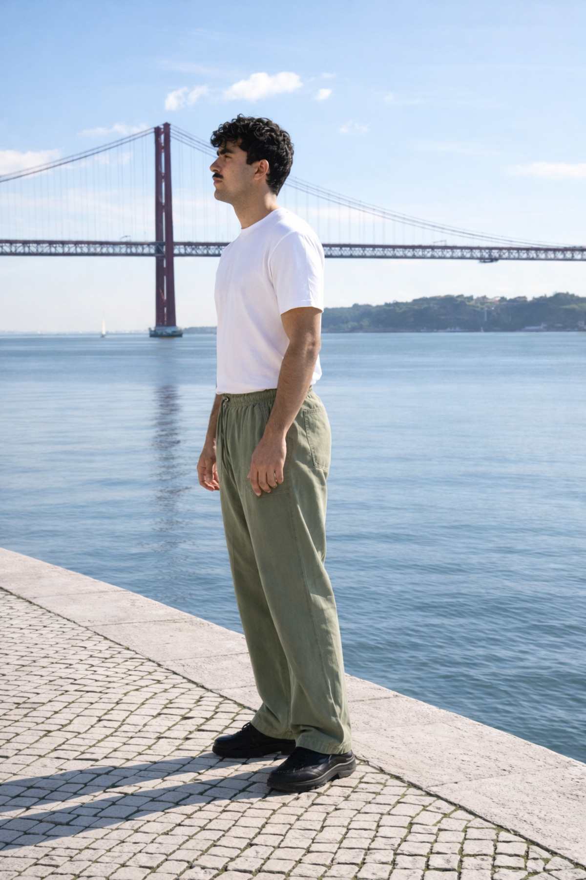 Erkek Beli Lastikli Jogger Yeşil Keten Pantolon 4