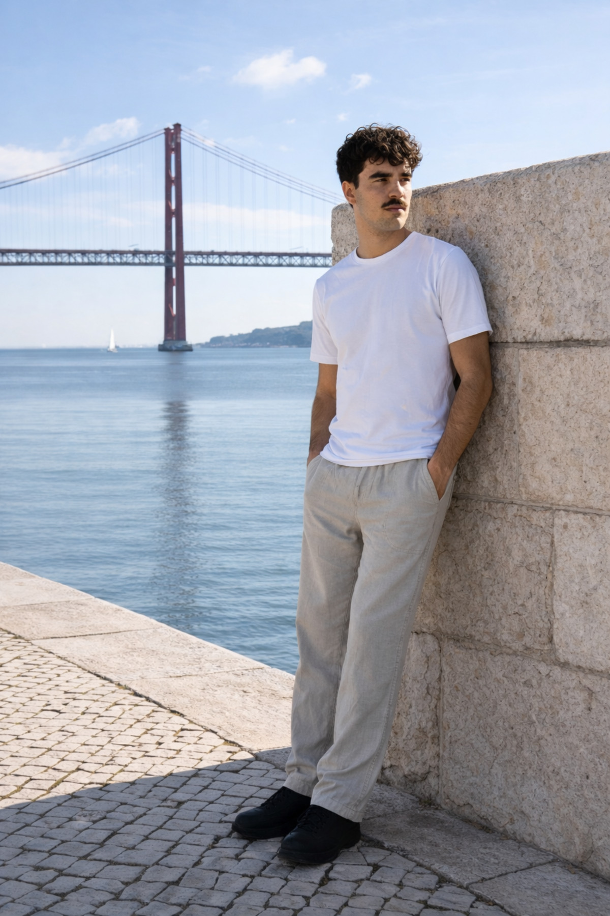 Erkek Beli Lastikli Jogger Taş Keten Pantolon 4