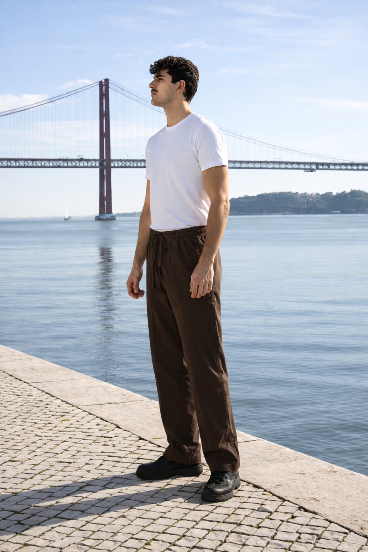 Erkek Beli Lastikli Jogger Kahverengi Keten Pantolon 3