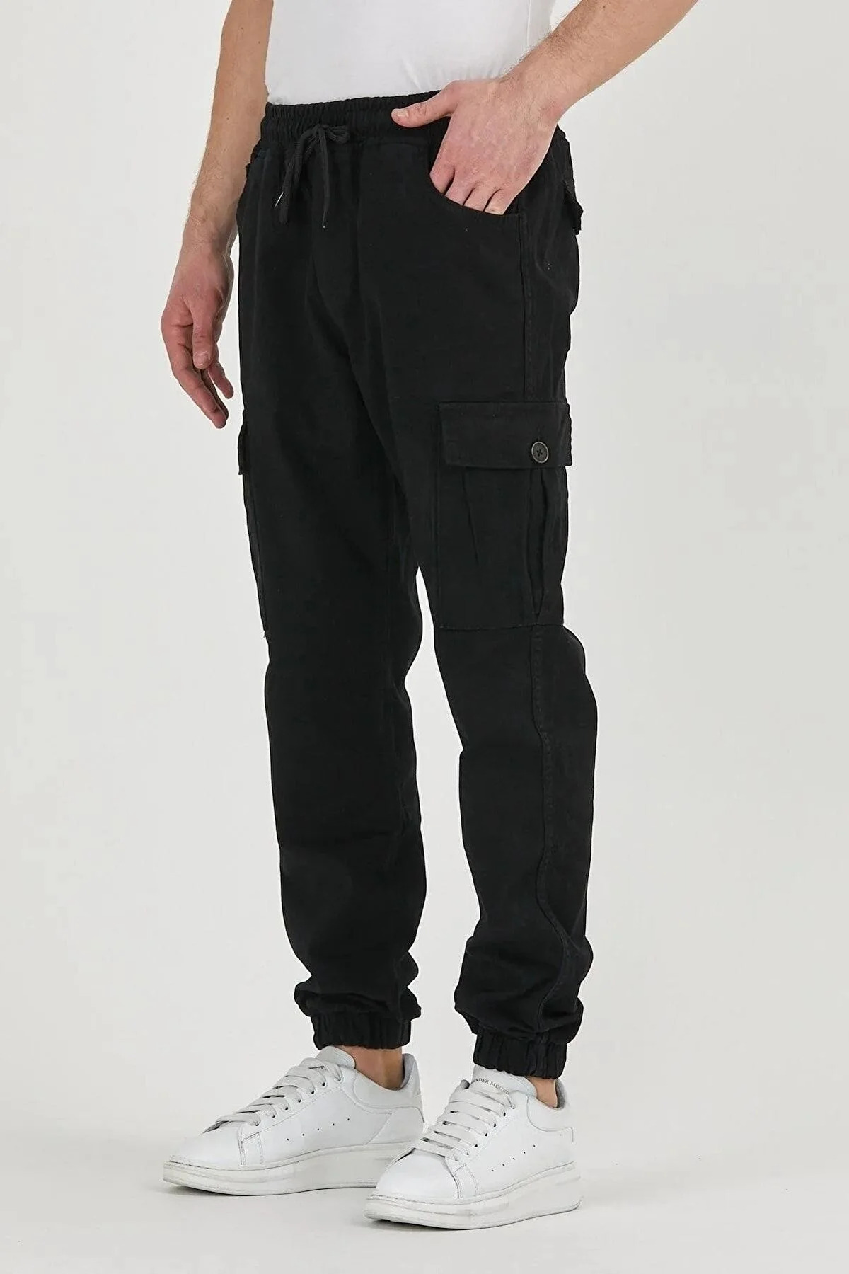Erkek Lastikli Kargo Cepli Siyah Jogger Pantolon 4