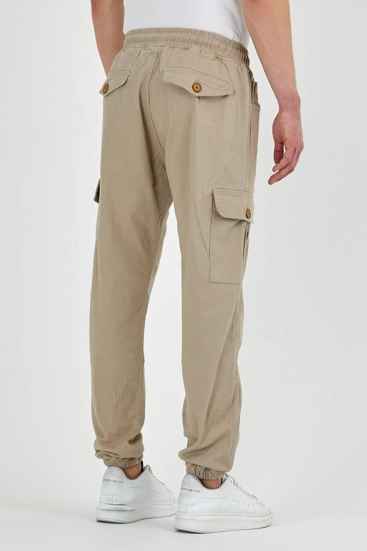 Erkek Lastikli Kargo Cepli Krem Jogger Pantolon 4