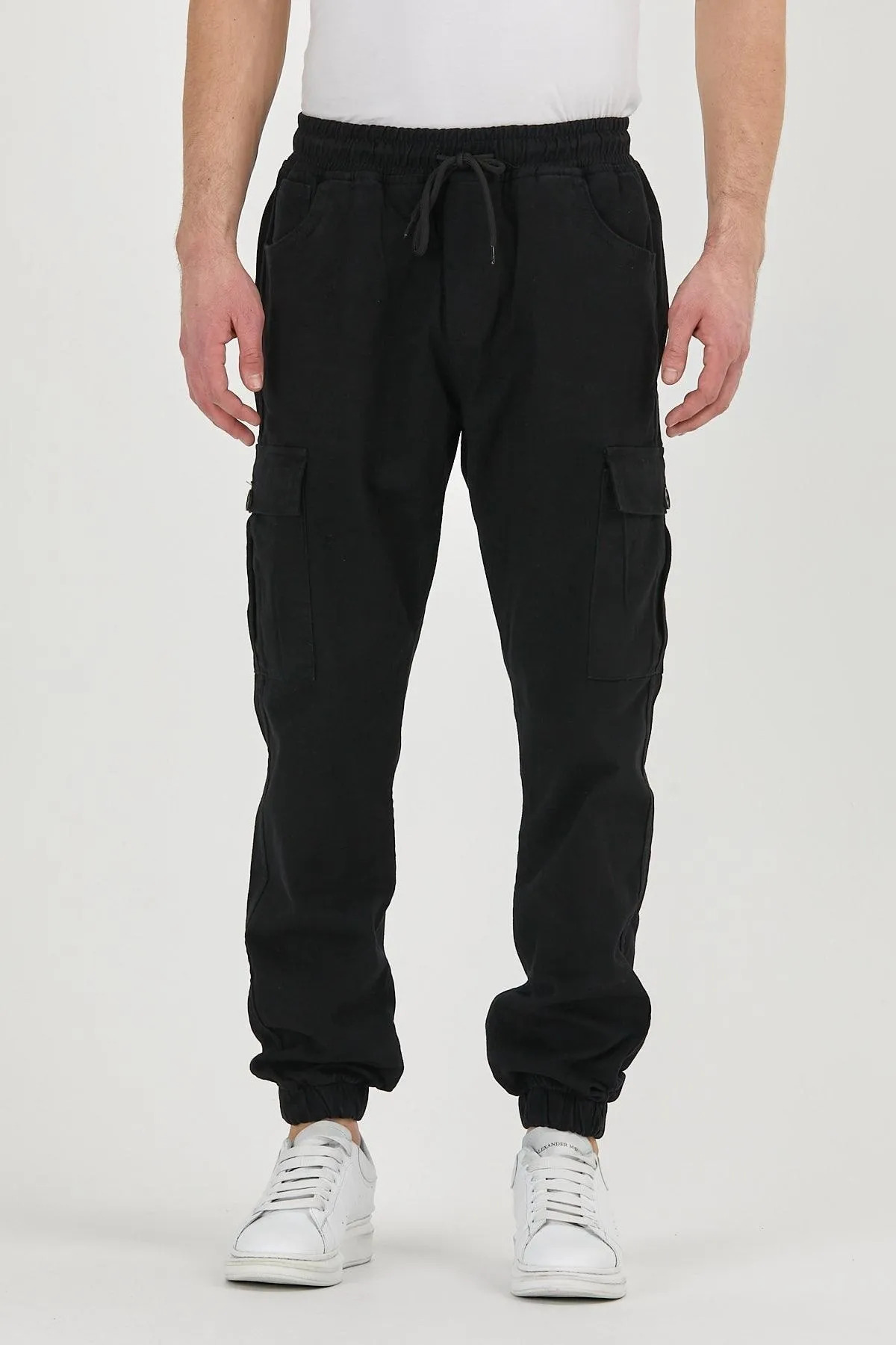 Erkek Lastikli Kargo Cepli Siyah Jogger Pantolon 6