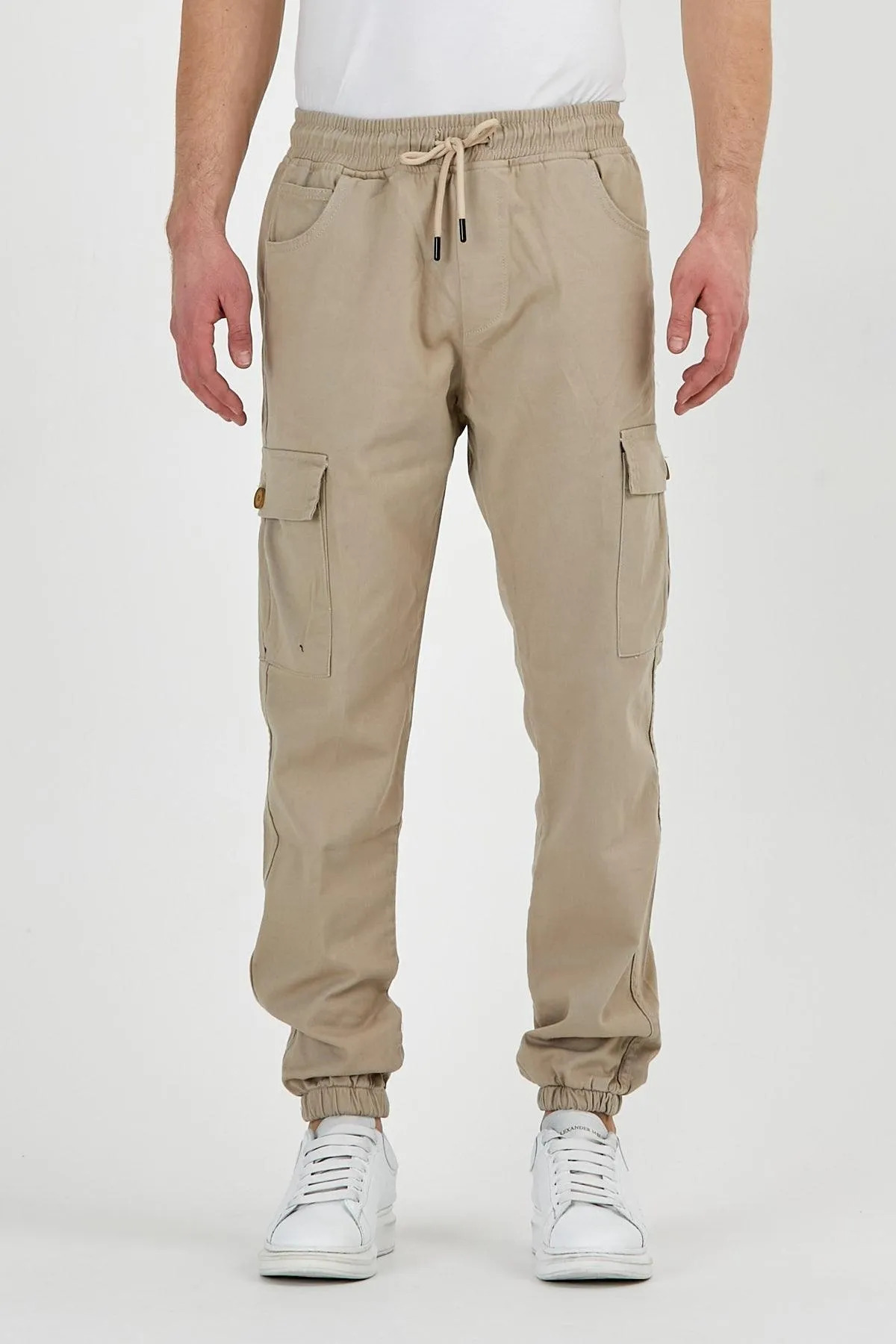 Erkek Lastikli Kargo Cepli Krem Jogger Pantolon 6