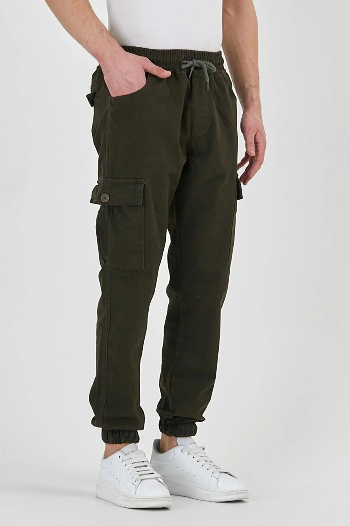 Erkek Lastikli Kargo Cepli Haki Jogger Pantolon 5