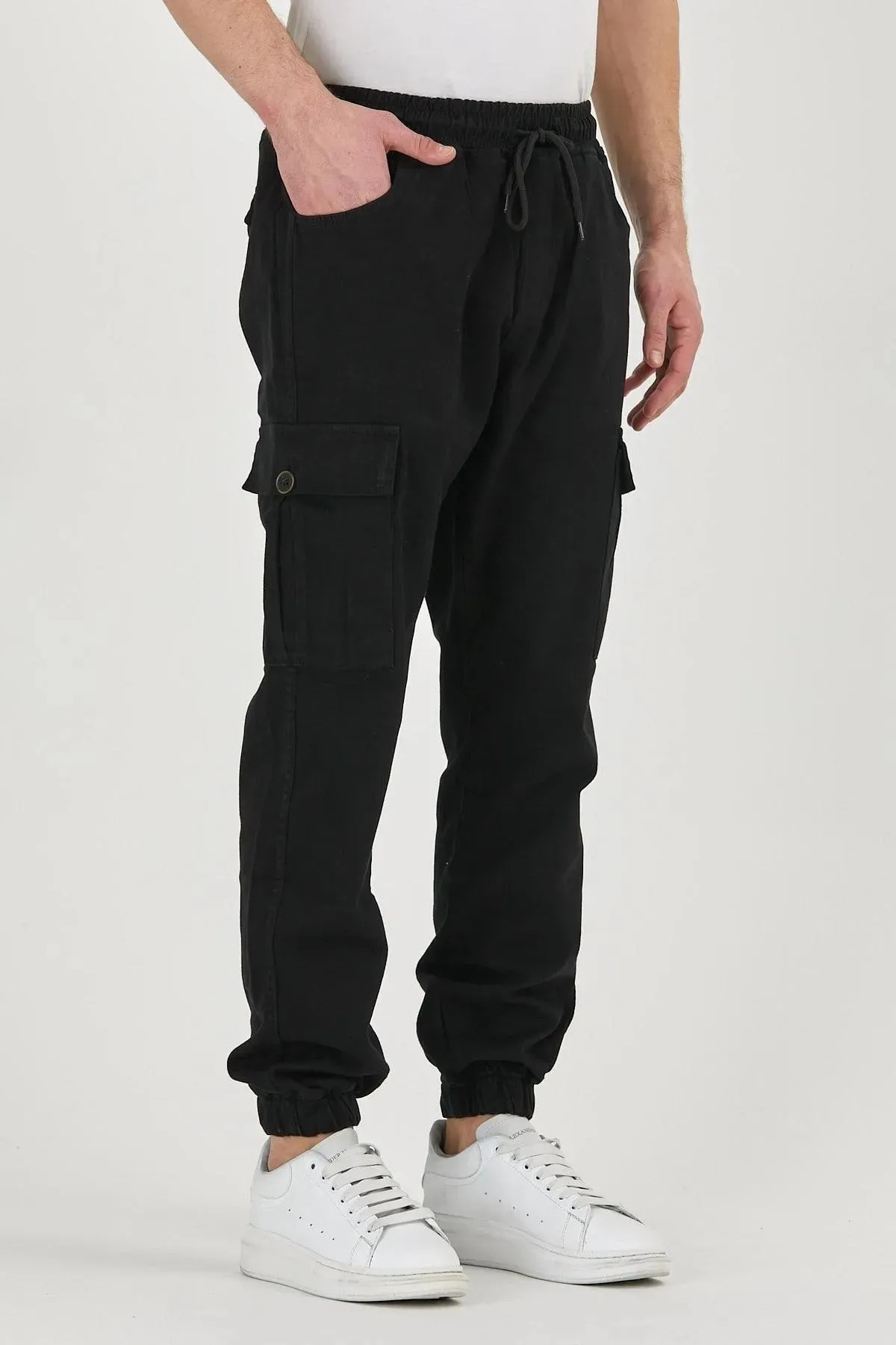 Erkek Lastikli Kargo Cepli Siyah Jogger Pantolon 5