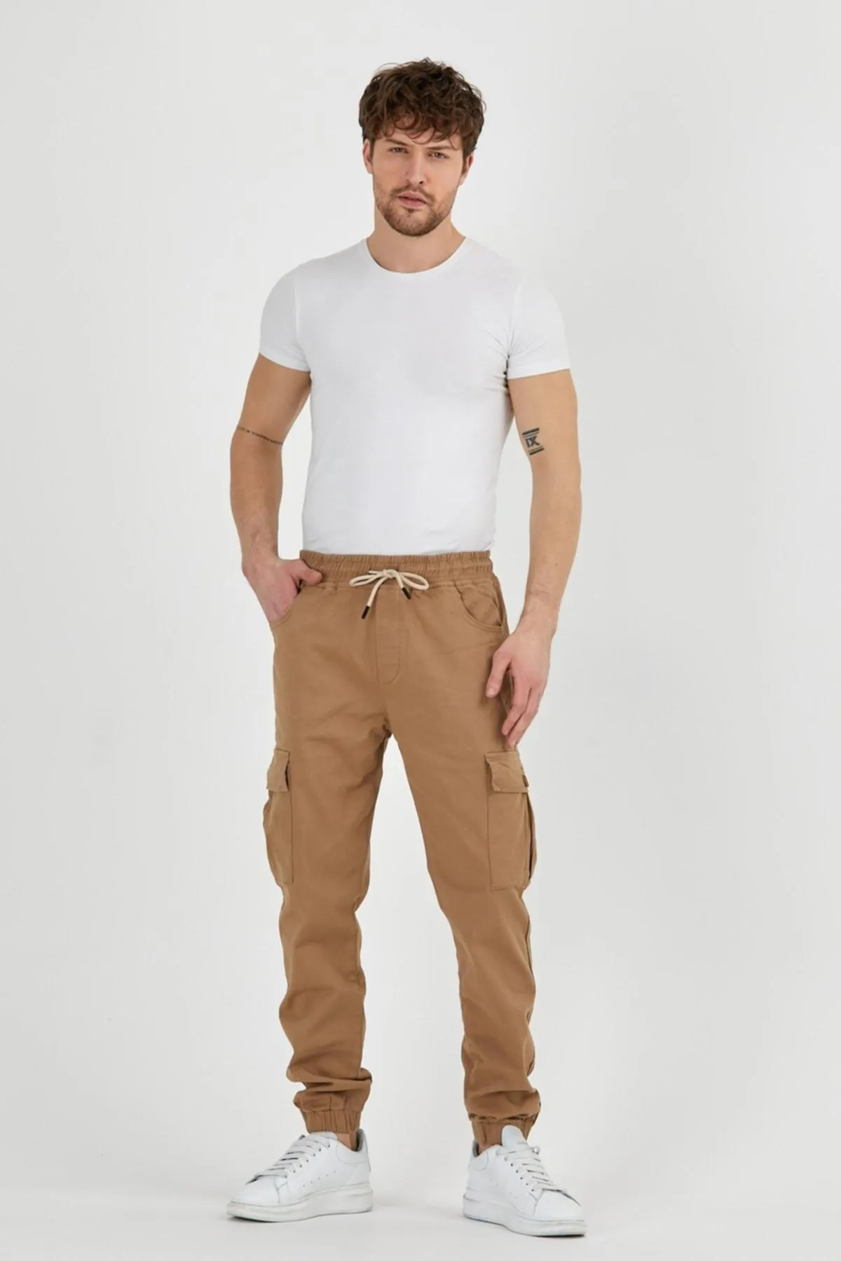 Erkek Lastikli Kargo Cepli Kahverengi Jogger Pantolon 4