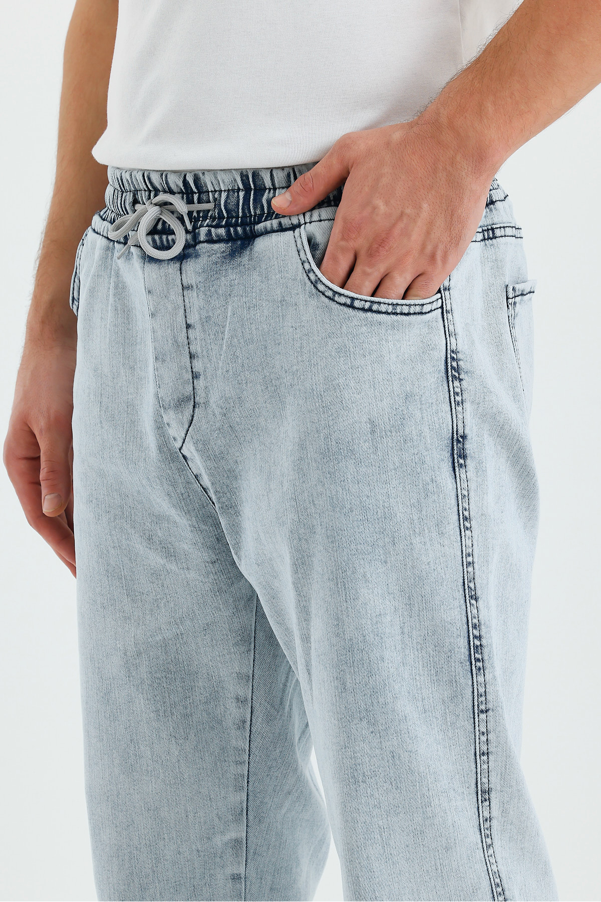 Erkek Beli Lastikli Buz Mavi Kot Jogger Pantolon 4