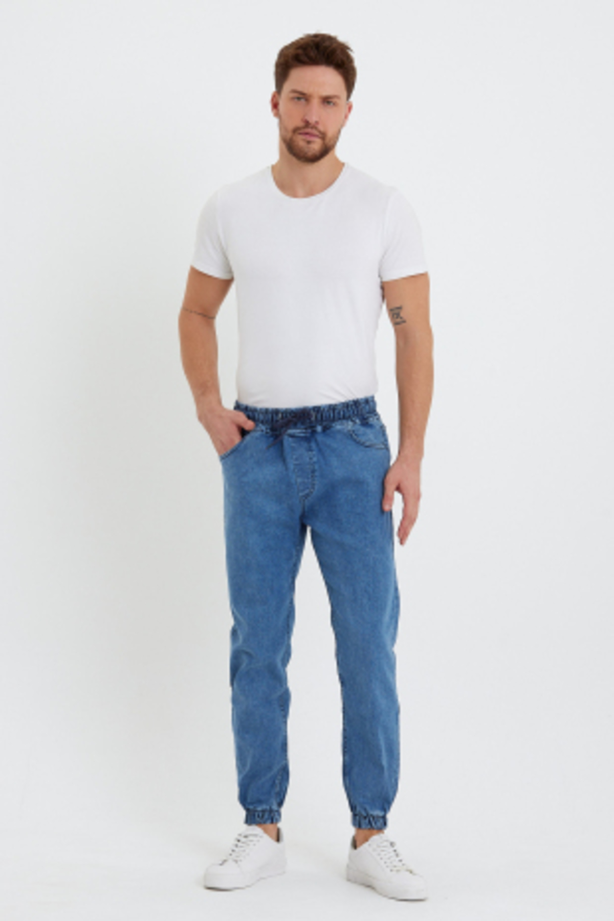 Erkek Beli Lastikli Buz Mavi Kot Jogger Pantolon 4