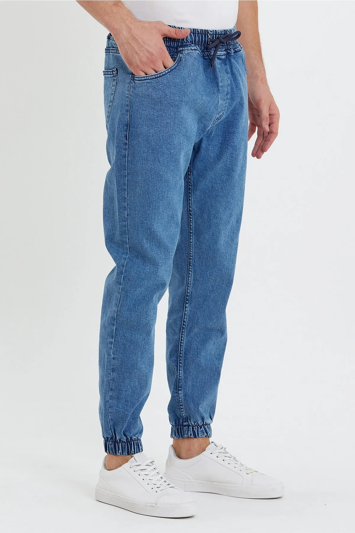 Erkek Beli Lastikli Buz Mavi Kot Jogger Pantolon 6