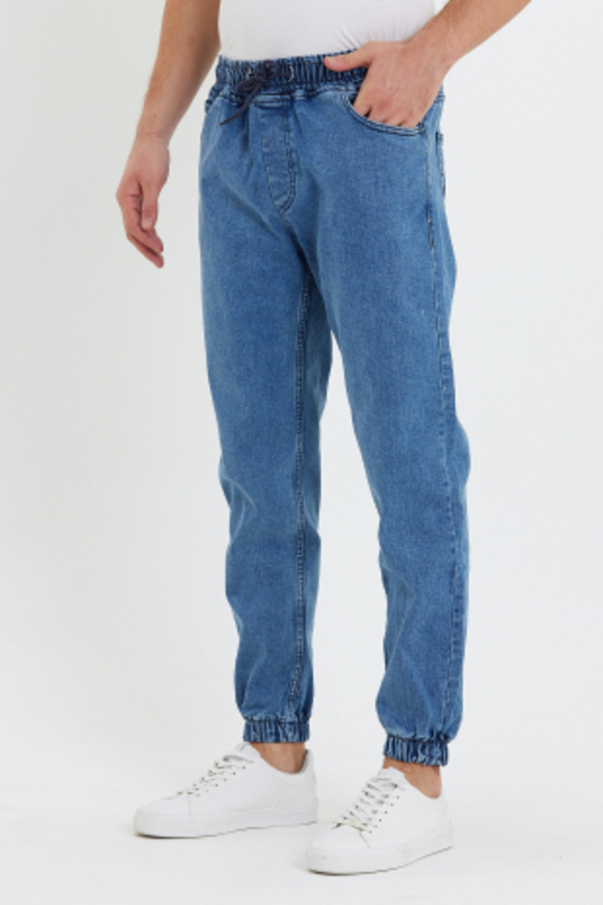 Erkek Beli Lastikli Buz Mavi Kot Jogger Pantolon 5