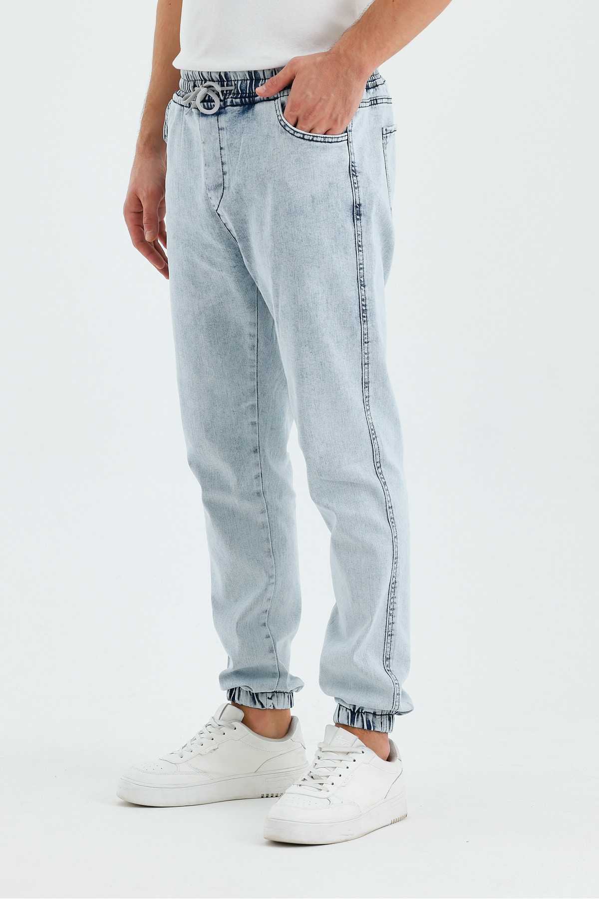 Erkek Beli Lastikli Buz Mavi Kot Jogger Pantolon 6