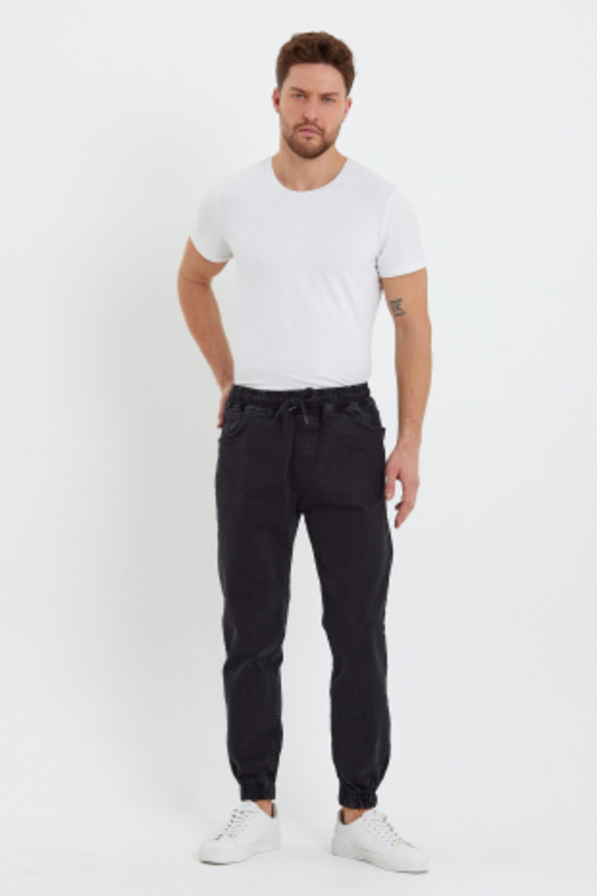 Erkek Beli Lastikli Buz Siyah Kot Jogger Pantolon 4