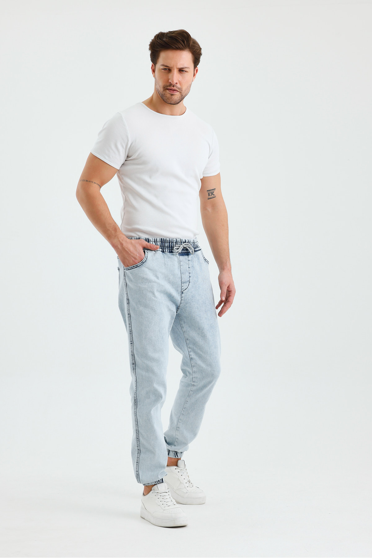 Erkek Beli Lastikli Buz Mavi Kot Jogger Pantolon 5