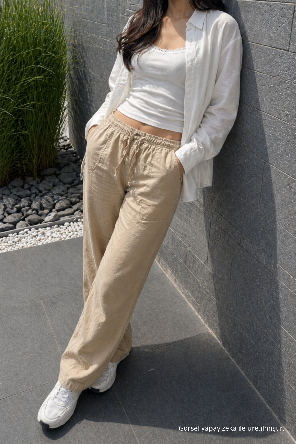 Kadın Premium Jogger Relax Fit Yazlık Bej Keten Pantolon 3