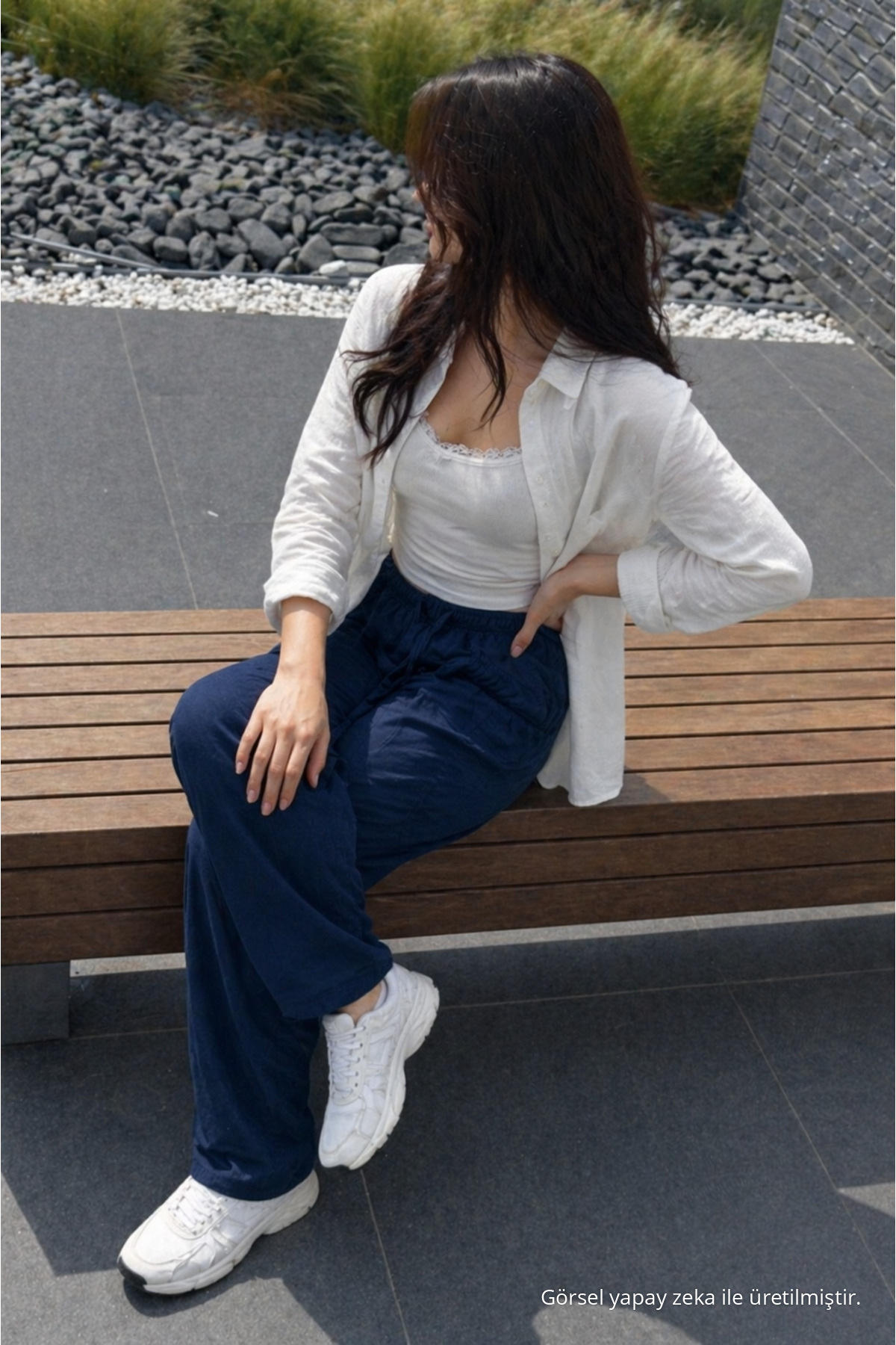 Kadın Premium Jogger Relax Fit Yazlık Lacivert Keten Pantolon 5